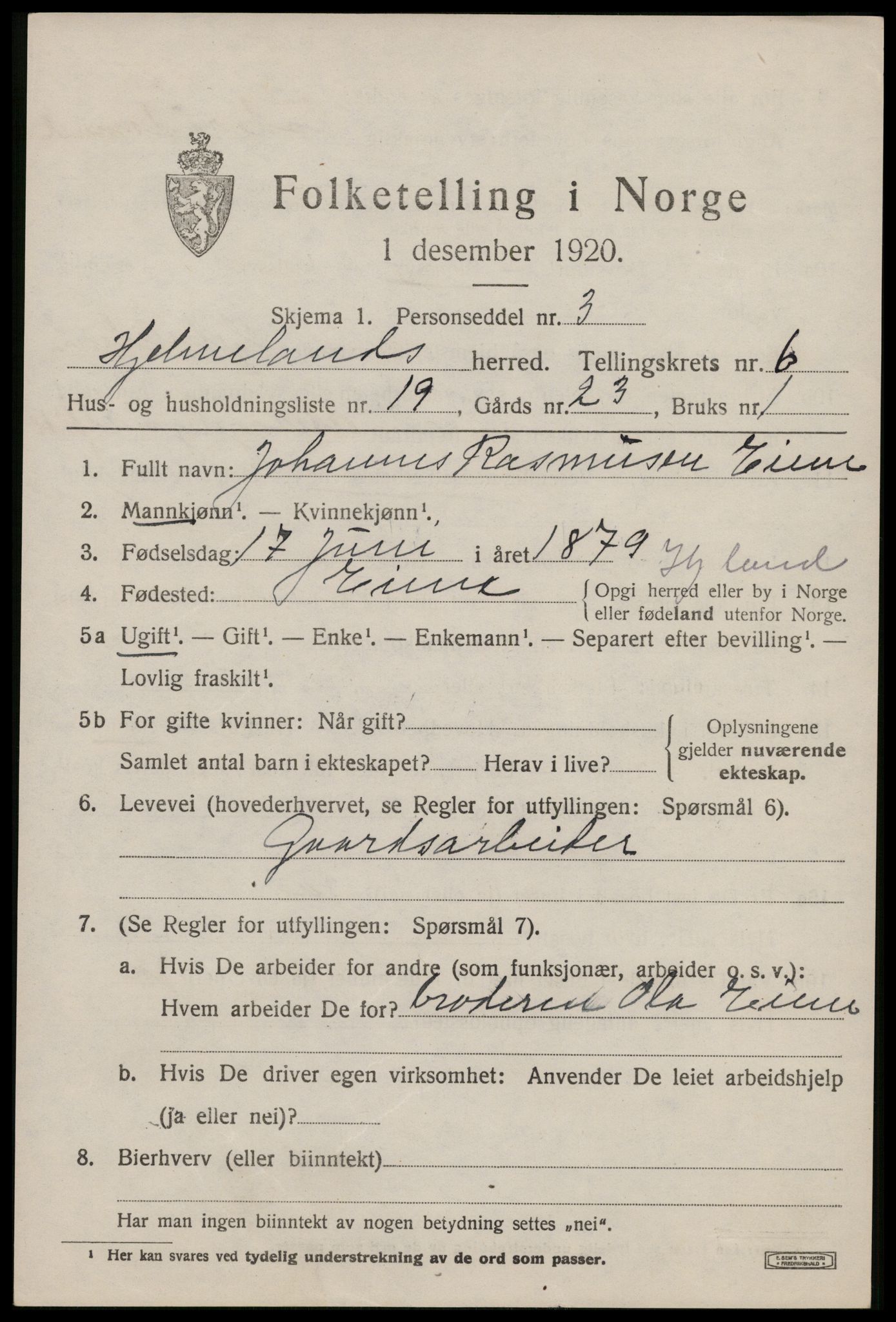 SAST, 1920 census for Hjelmeland, 1920, p. 2251