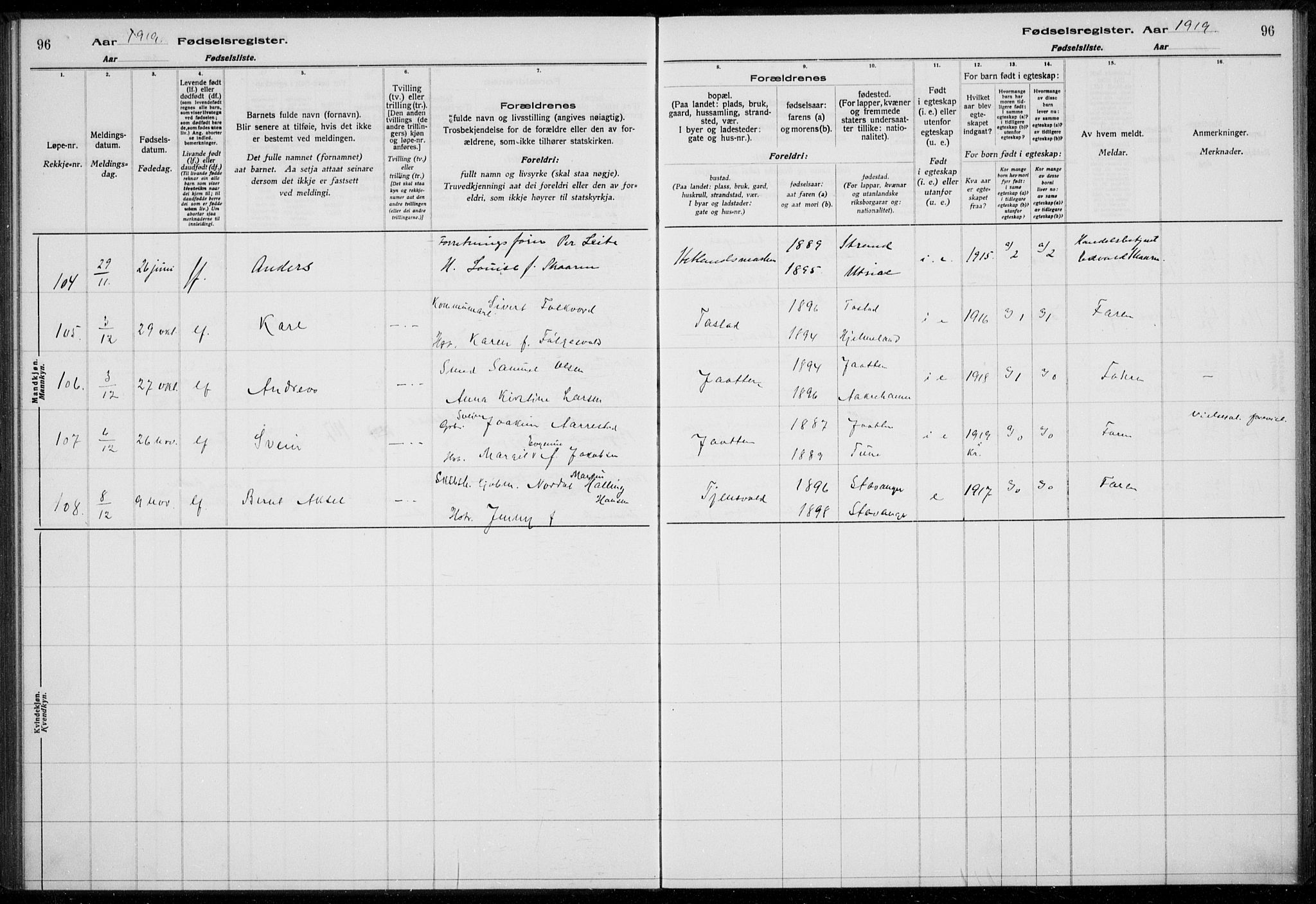 Hetland sokneprestkontor, AV/SAST-A-101826/70/704BA/L0003: Birth register no. 1, 1916-1923, p. 96