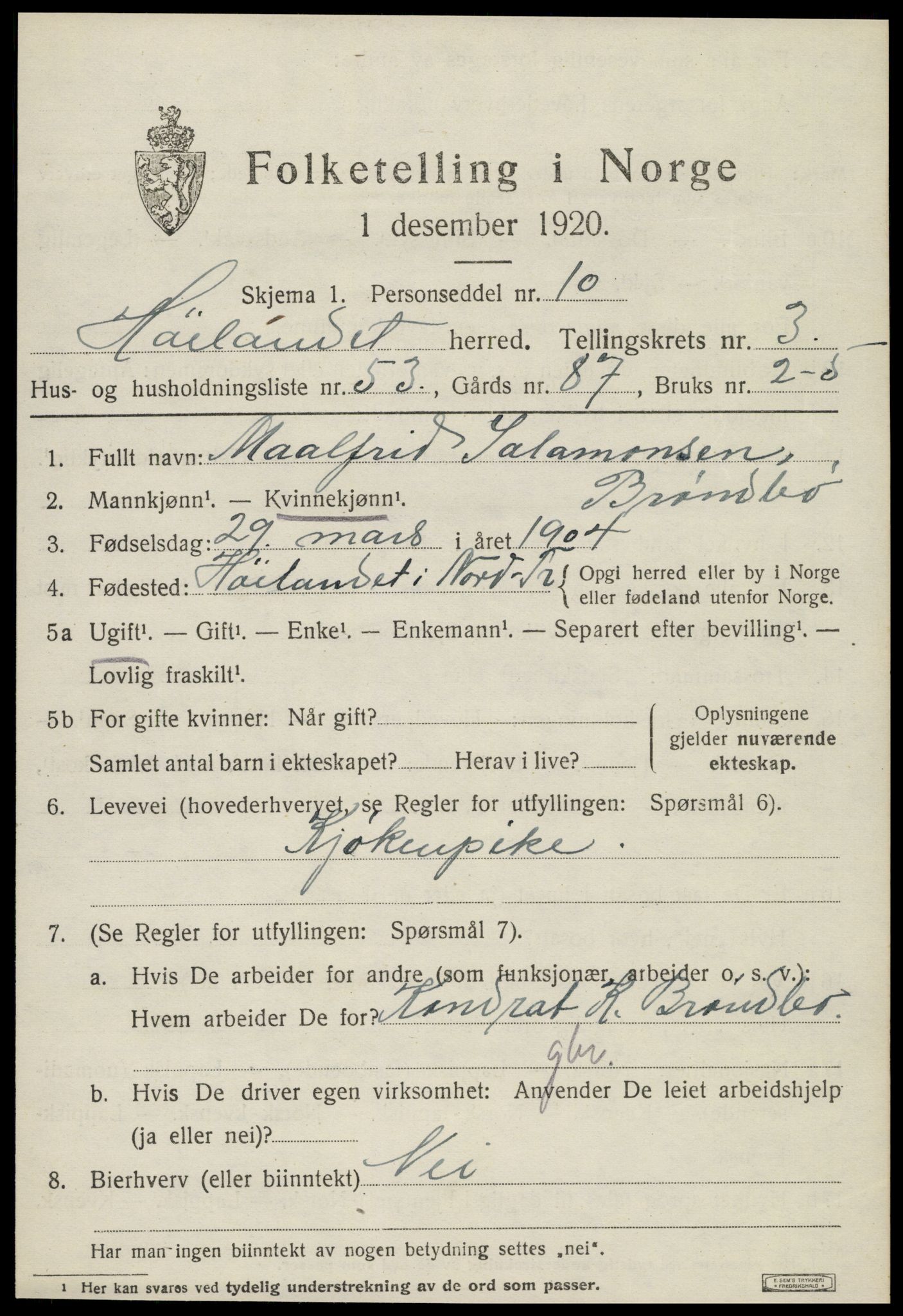 SAT, 1920 census for Høylandet, 1920, p. 2204