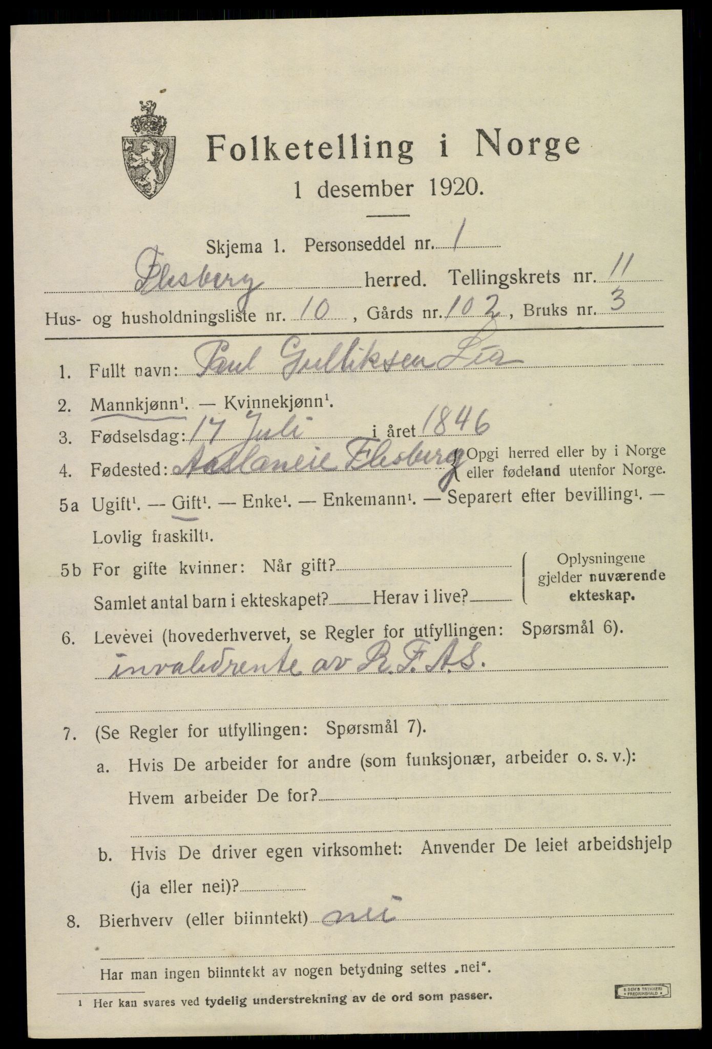 SAKO, 1920 census for Flesberg, 1920, p. 3827