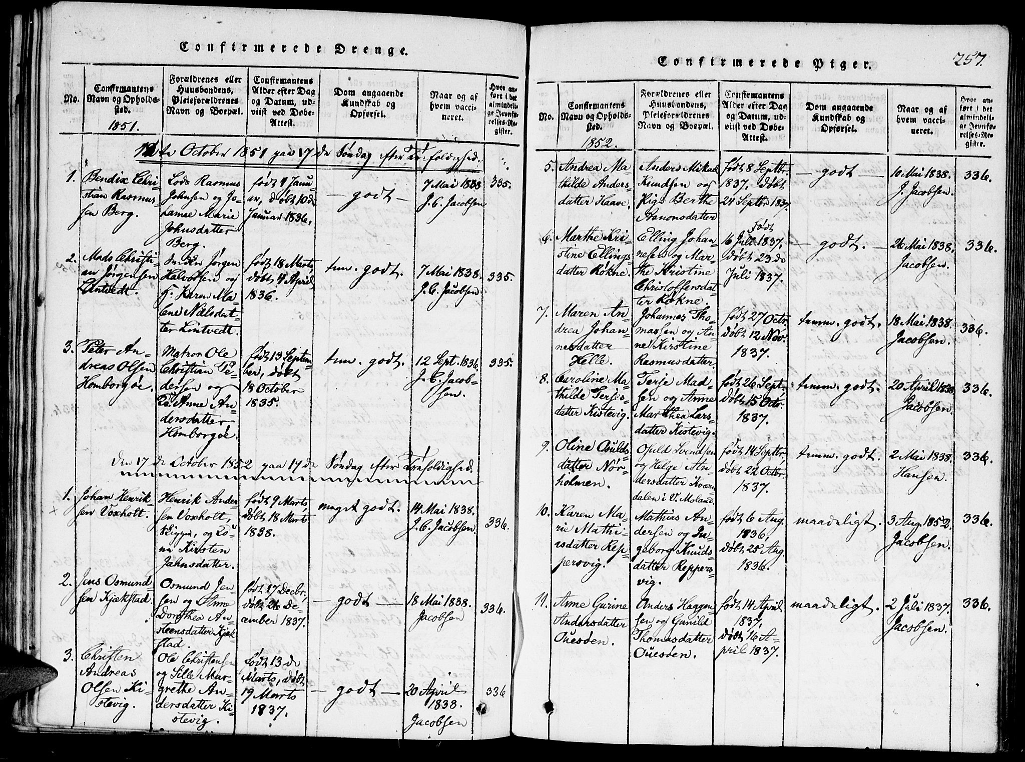 Hommedal sokneprestkontor, AV/SAK-1111-0023/F/Fa/Faa/L0001: Parish register (official) no. A 1, 1816-1860, p. 257