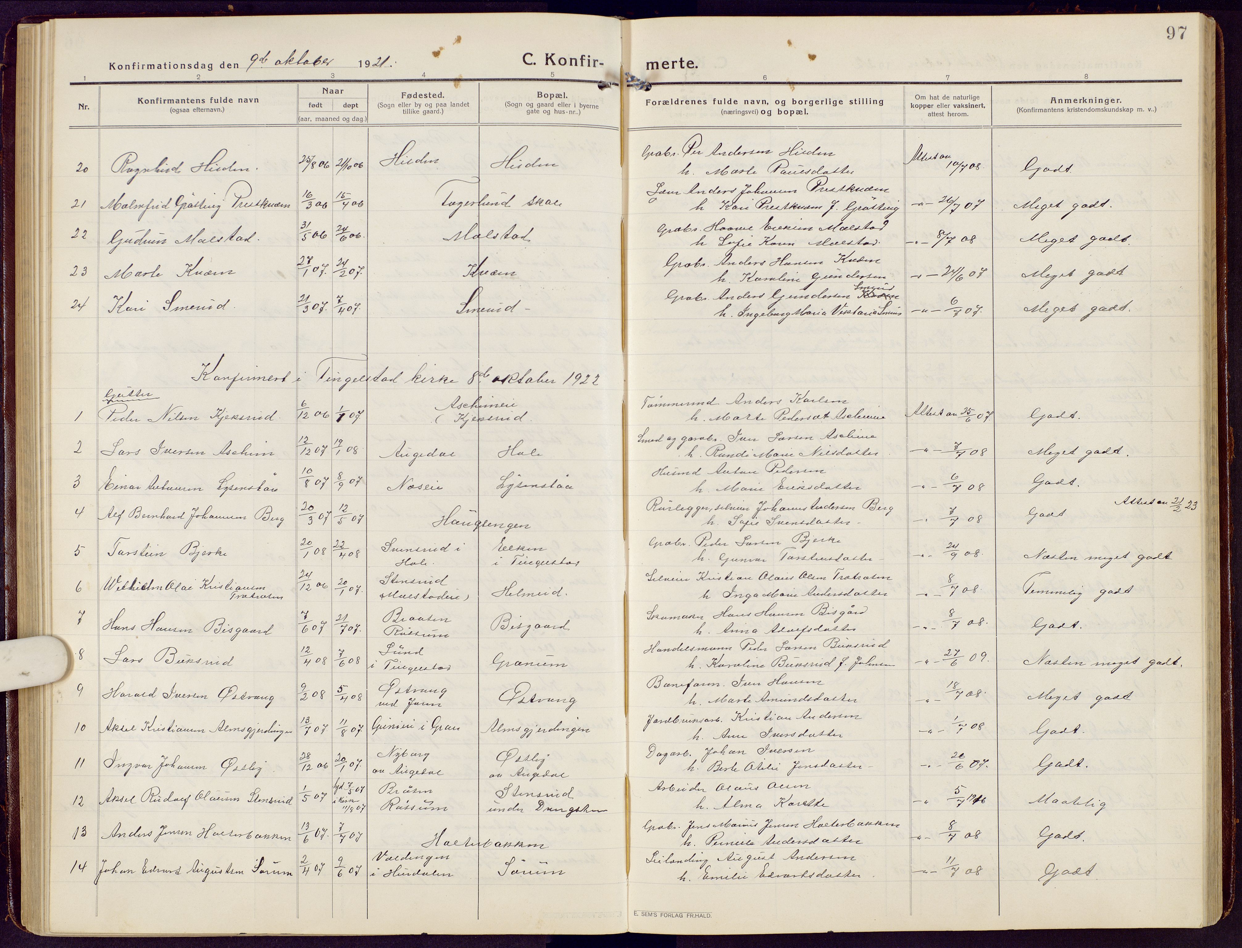 Brandbu prestekontor, SAH/PREST-114/H/Ha/Hab/L0010: Parish register (copy) no. 10, 1916-1930, p. 97