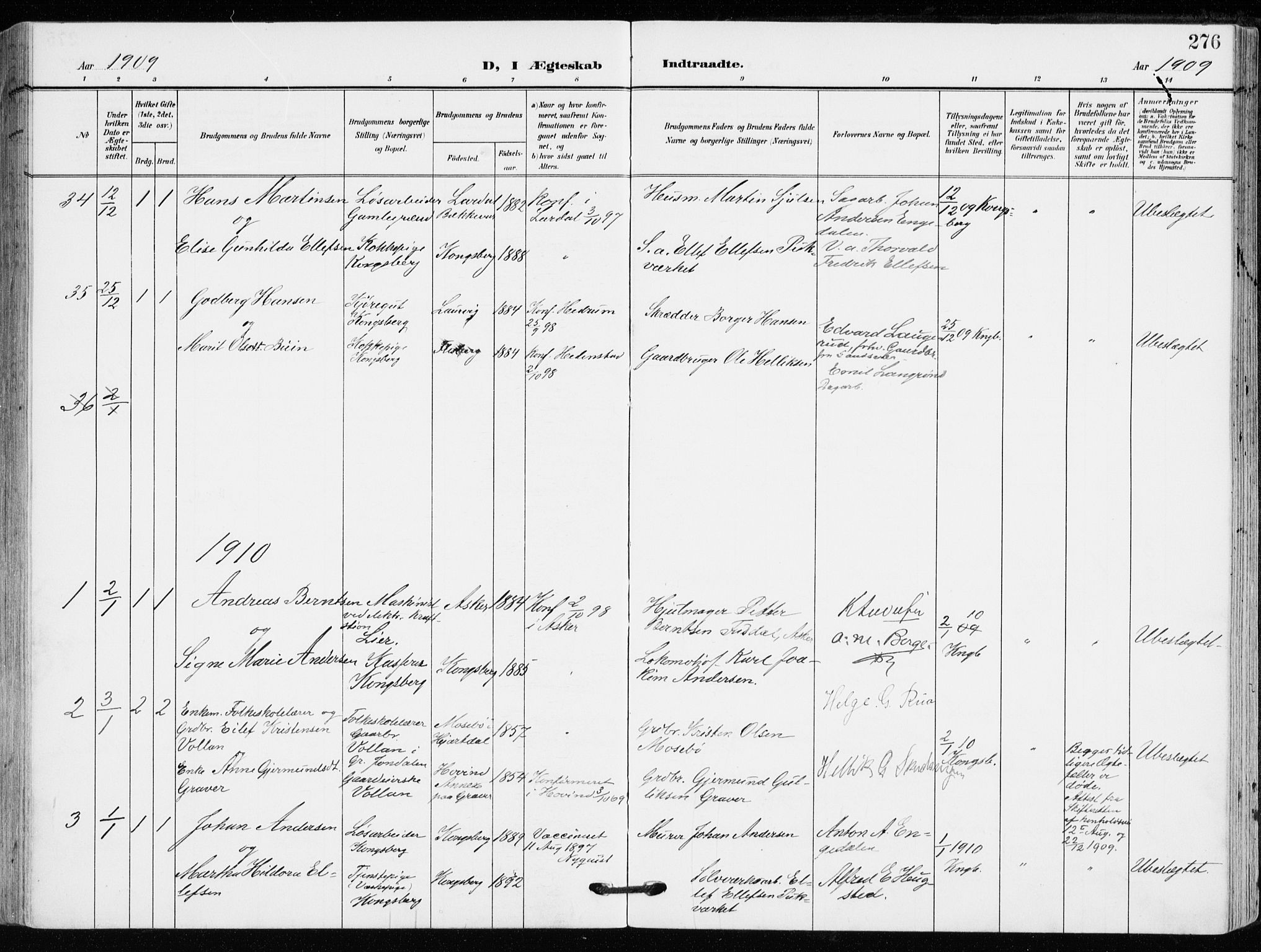 Kongsberg kirkebøker, SAKO/A-22/F/Fb/L0004: Parish register (official) no. II 4, 1906-1918, p. 276