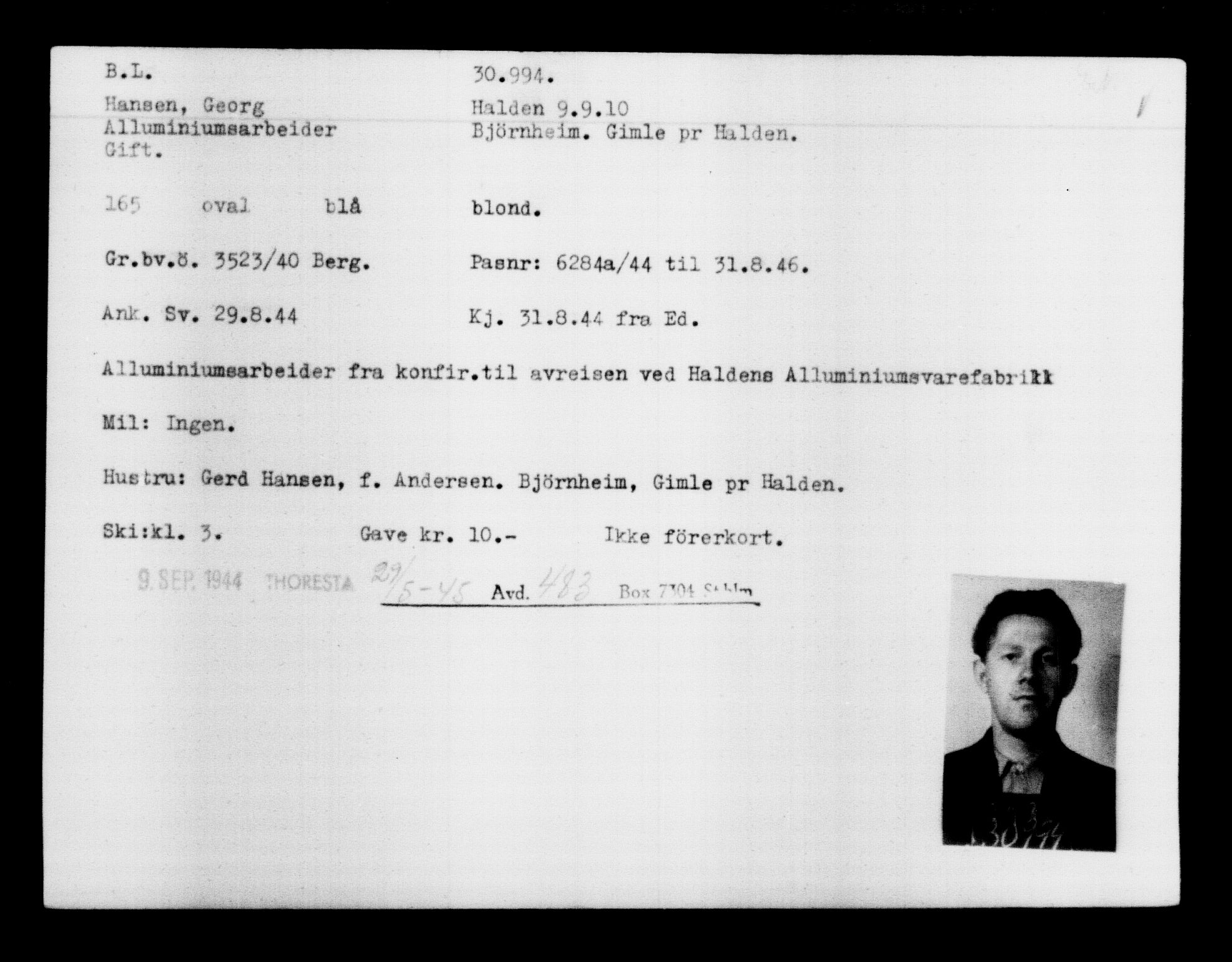 Utenriksstasjonene, Legasjonen i Stockholm, Flyktningkontoret, AV/RA-S-6753/V/Va/L0012: Kjesäterkartoteket, flyktninger med registreringsnr. 28300-31566, 1940-1945, p. 2924