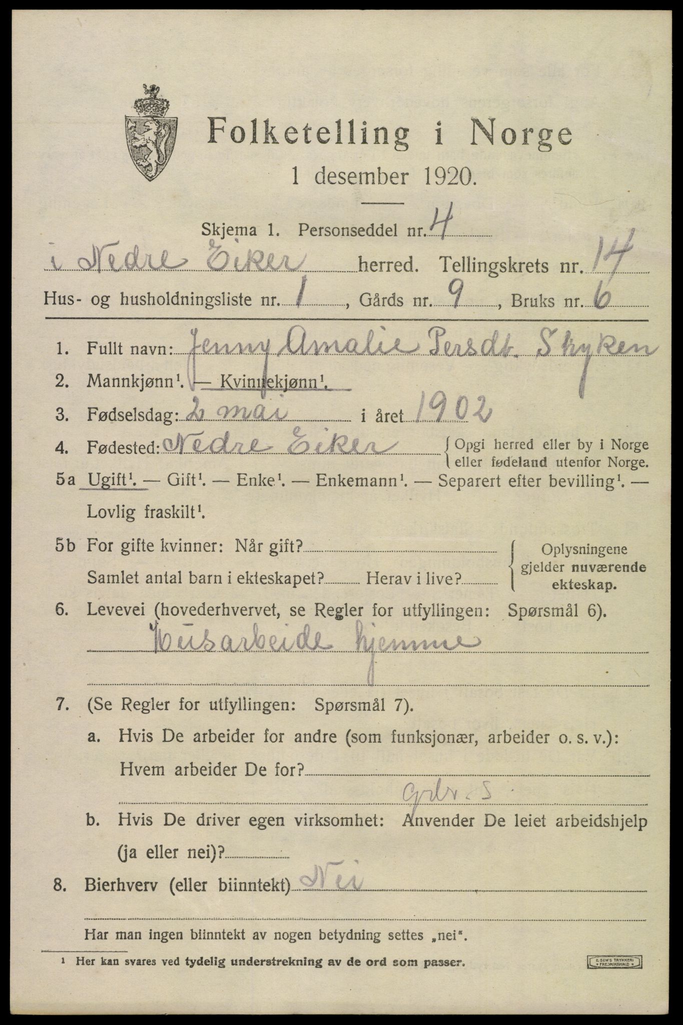 SAKO, 1920 census for Nedre Eiker, 1920, p. 15487