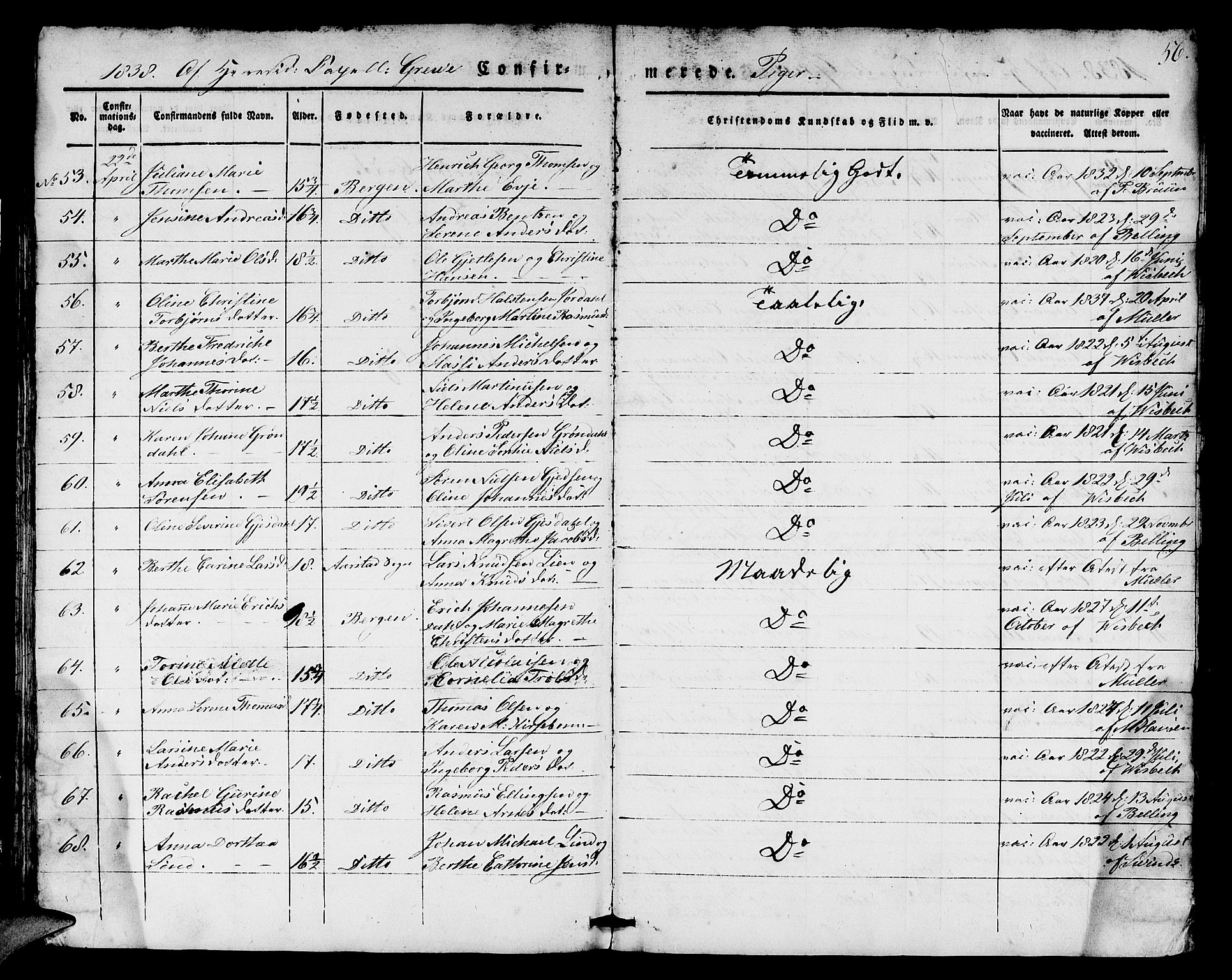 Domkirken sokneprestembete, SAB/A-74801/H/Hab/L0021: Parish register (copy) no. C 1, 1832-1838, p. 56