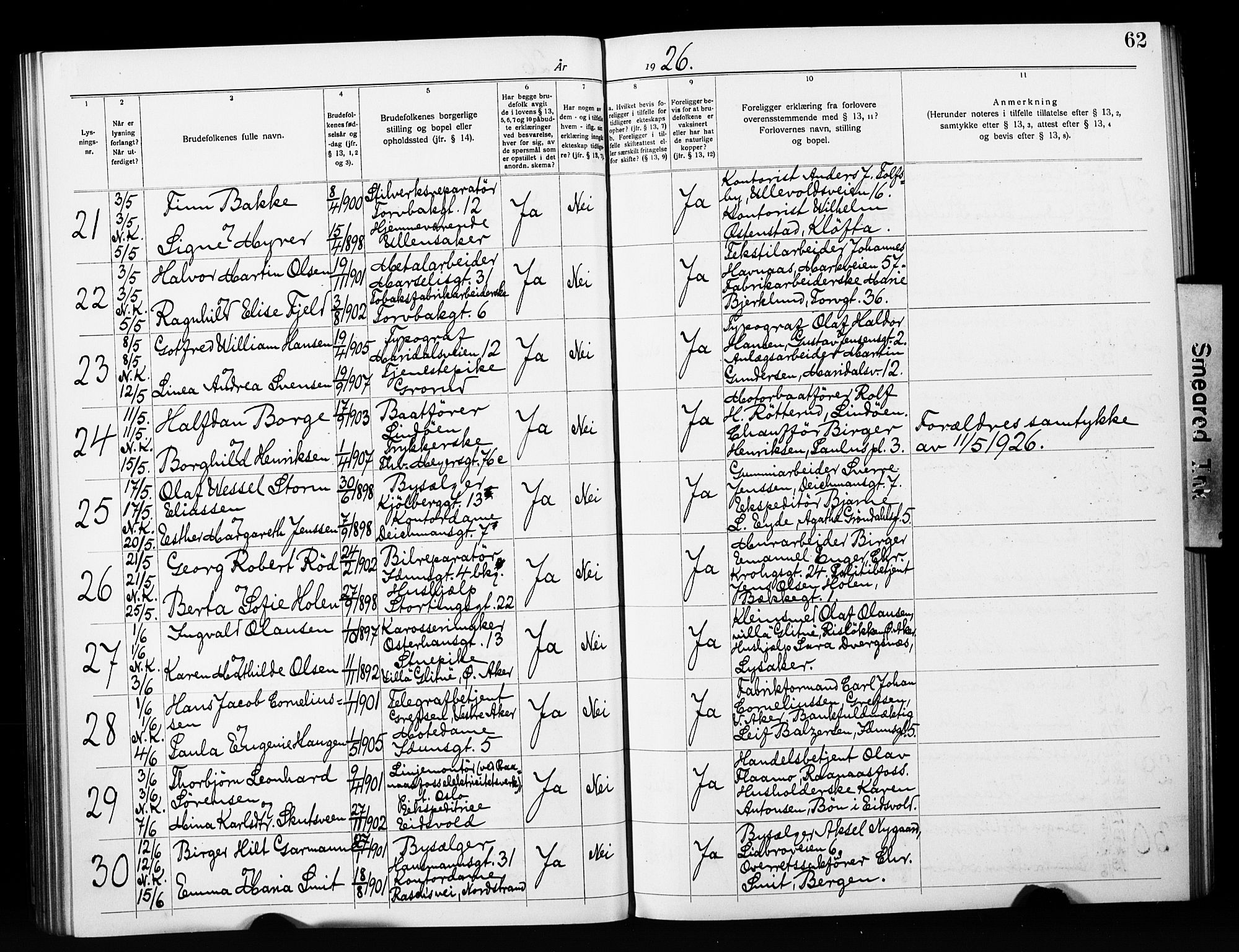 Jakob prestekontor Kirkebøker, AV/SAO-A-10850/H/Ha/L0003: Banns register no. 3, 1919-1931, p. 62
