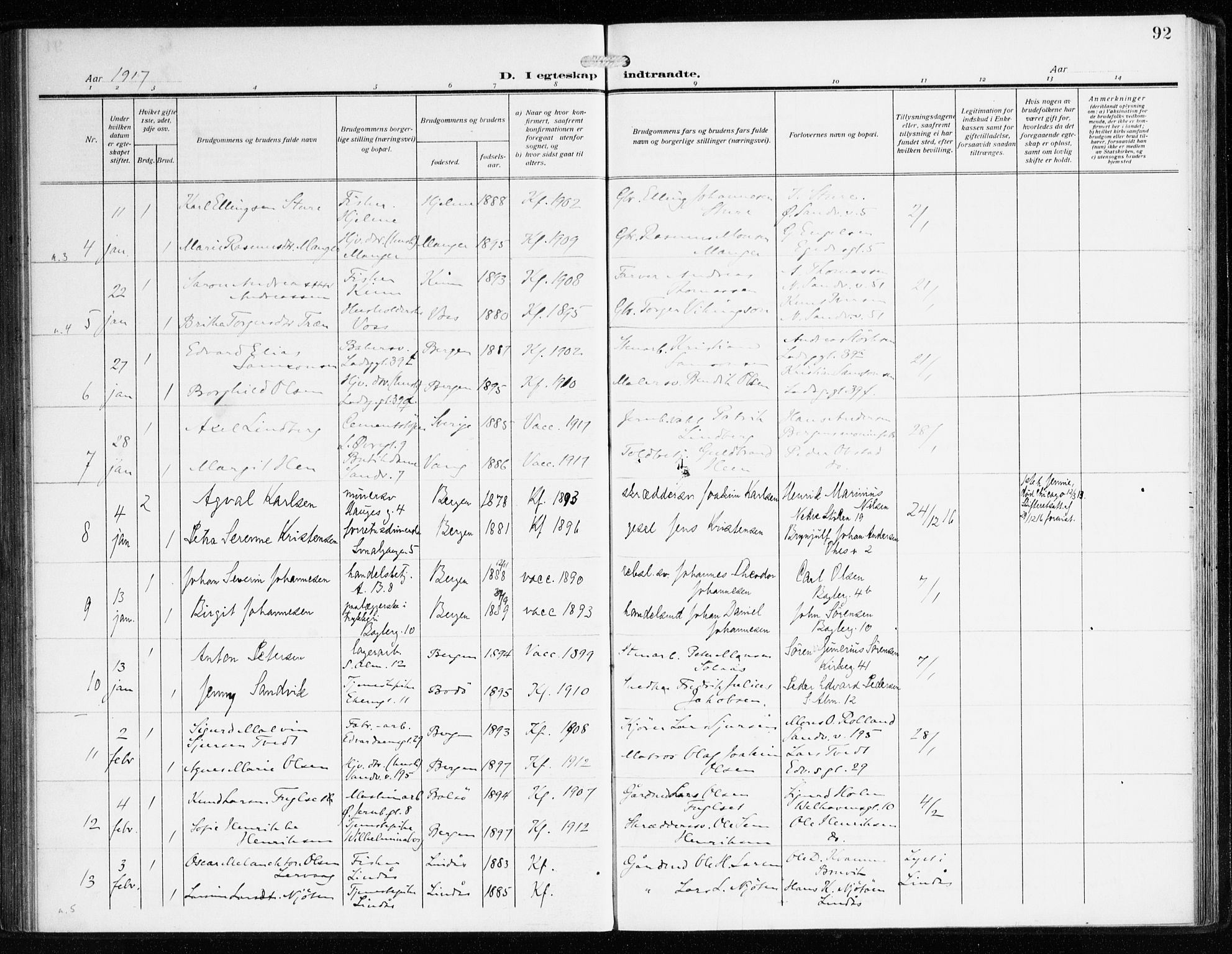 Sandviken Sokneprestembete, AV/SAB-A-77601/H/Ha/L0015: Parish register (official) no. D 2, 1911-1923, p. 92