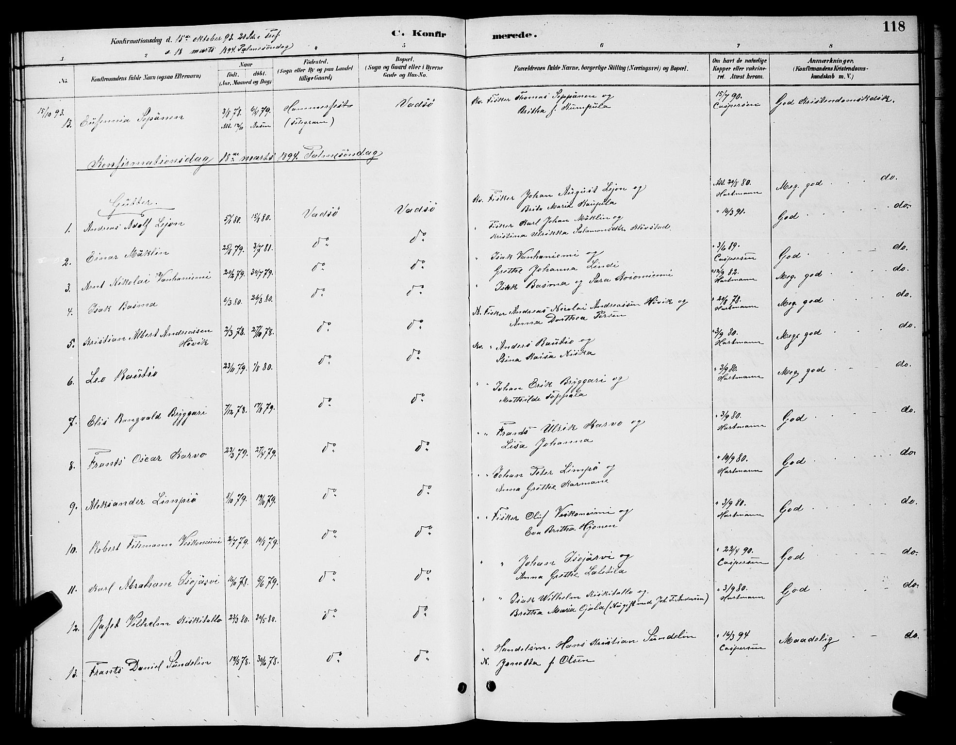 Vadsø sokneprestkontor, AV/SATØ-S-1325/H/Hb/L0004klokker: Parish register (copy) no. 4, 1885-1895, p. 118