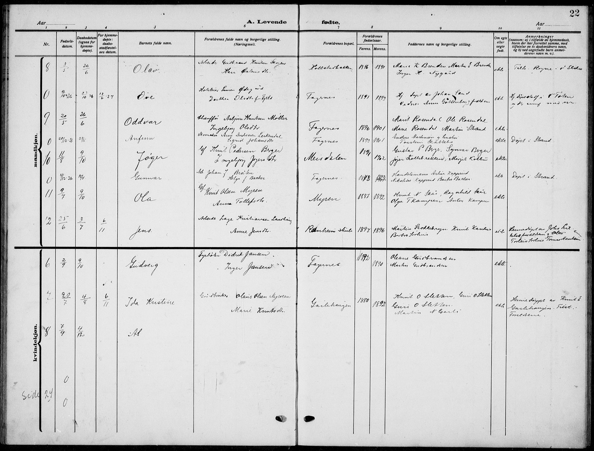 Nord-Aurdal prestekontor, AV/SAH-PREST-132/H/Ha/Hab/L0015: Parish register (copy) no. 15, 1918-1935, p. 22