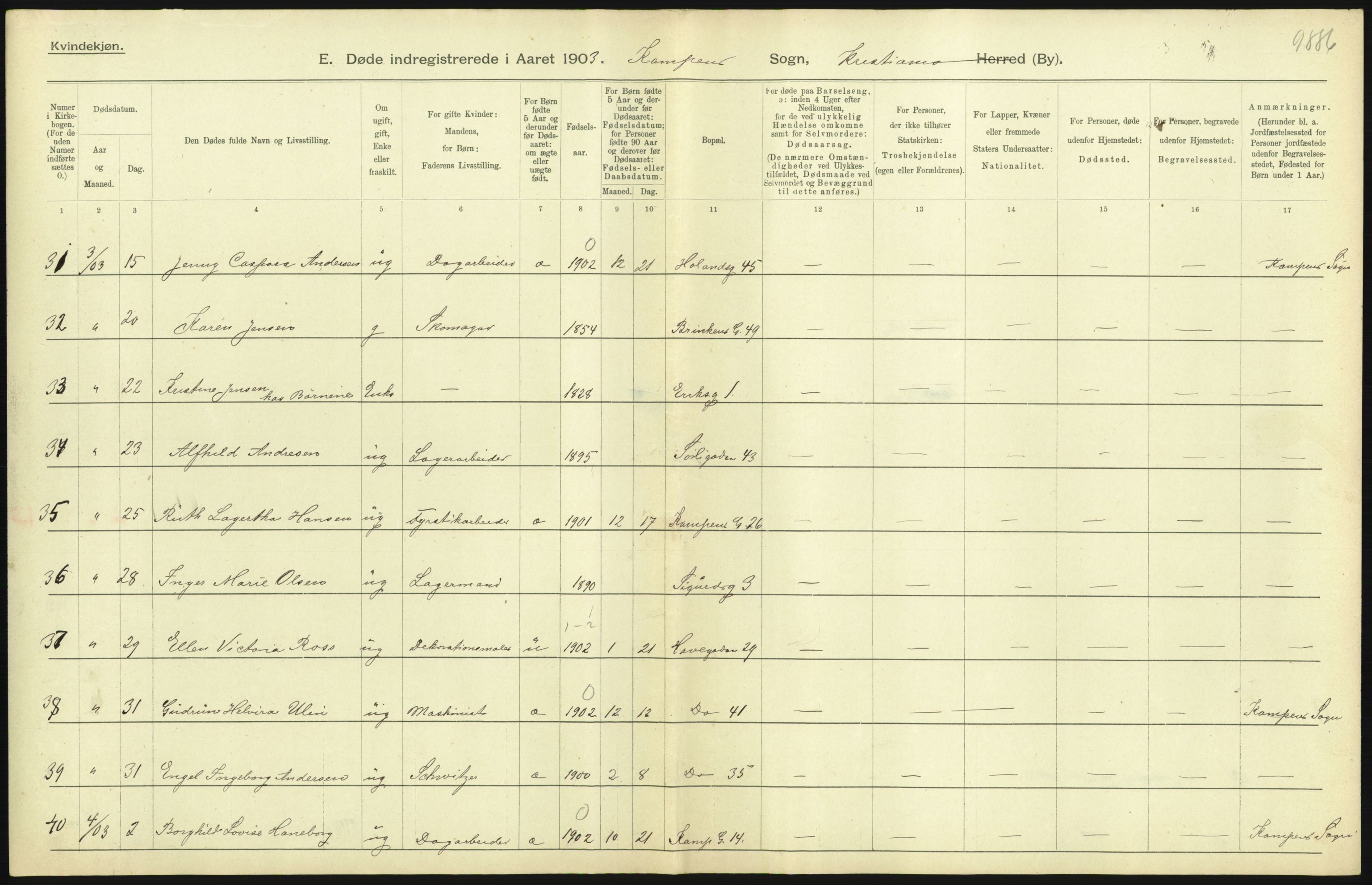 Statistisk sentralbyrå, Sosiodemografiske emner, Befolkning, AV/RA-S-2228/D/Df/Dfa/Dfaa/L0004: Kristiania: Gifte, døde, 1903, p. 253