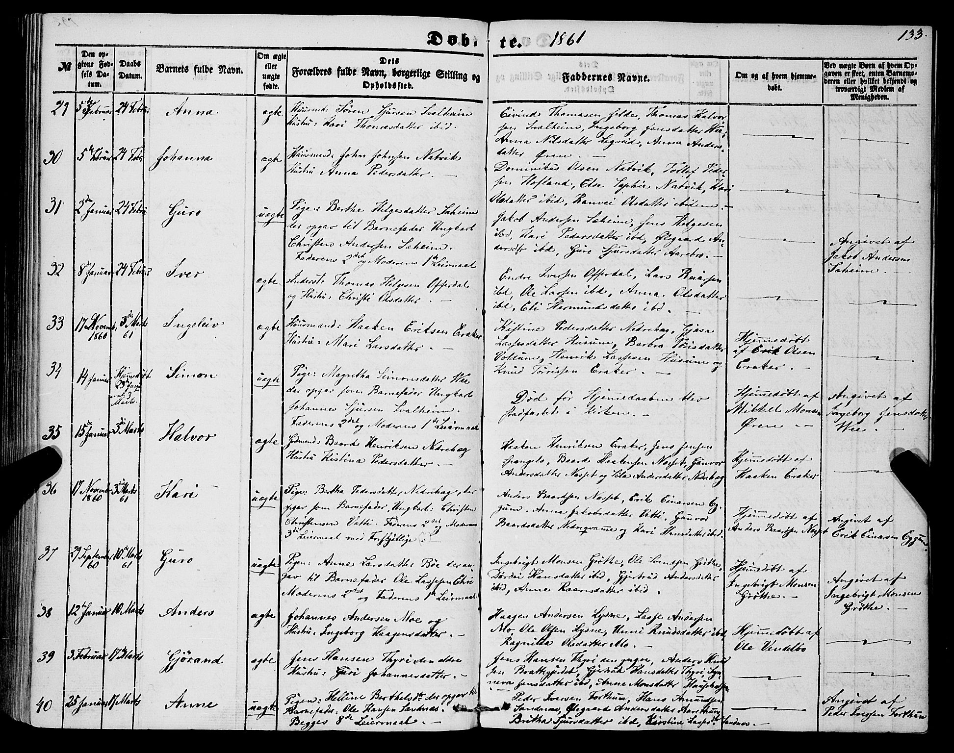 Lærdal sokneprestembete, SAB/A-81201: Parish register (official) no. A 11, 1850-1866, p. 133