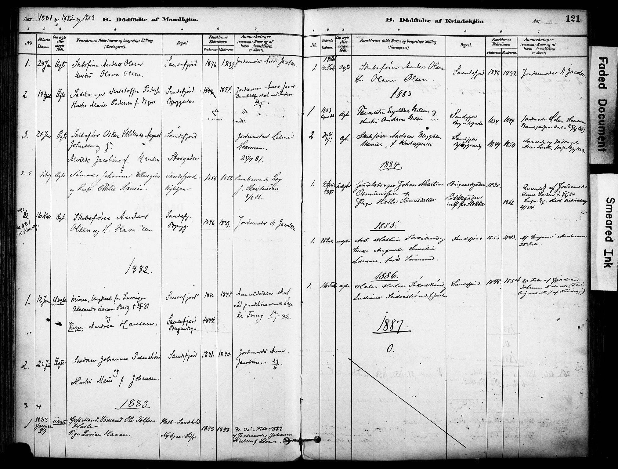 Sandefjord kirkebøker, SAKO/A-315/F/Fa/L0002: Parish register (official) no. 2, 1880-1894, p. 121