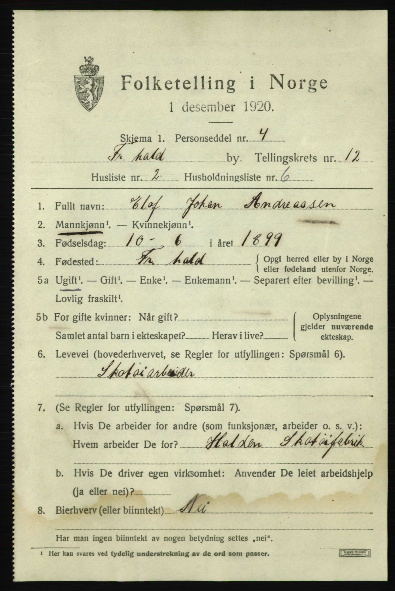 SAO, 1920 census for Fredrikshald, 1920, p. 19891