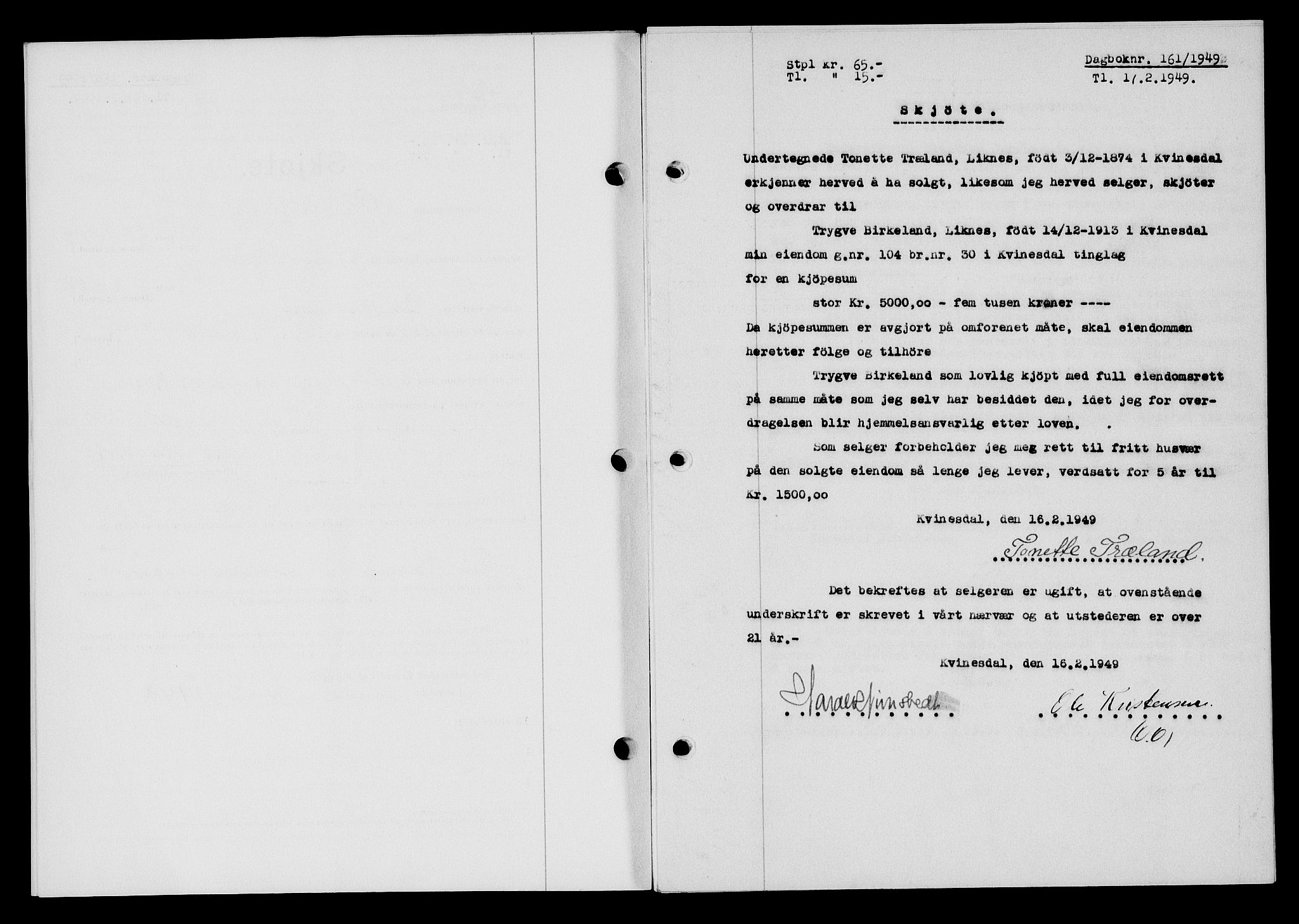 Flekkefjord sorenskriveri, SAK/1221-0001/G/Gb/Gba/L0064: Mortgage book no. A-12, 1948-1949, Diary no: : 161/1949