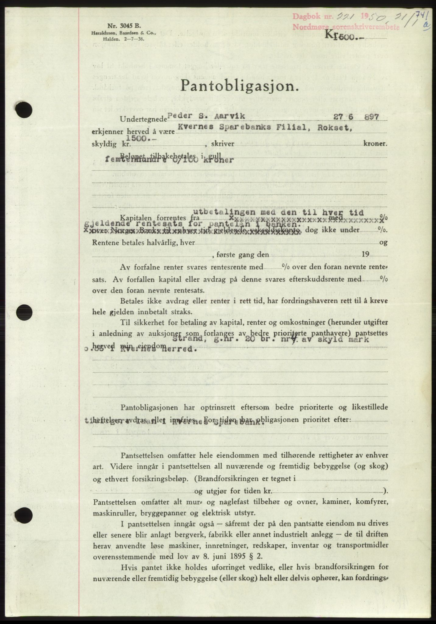 Nordmøre sorenskriveri, AV/SAT-A-4132/1/2/2Ca: Mortgage book no. B103, 1949-1950, Diary no: : 221/1950