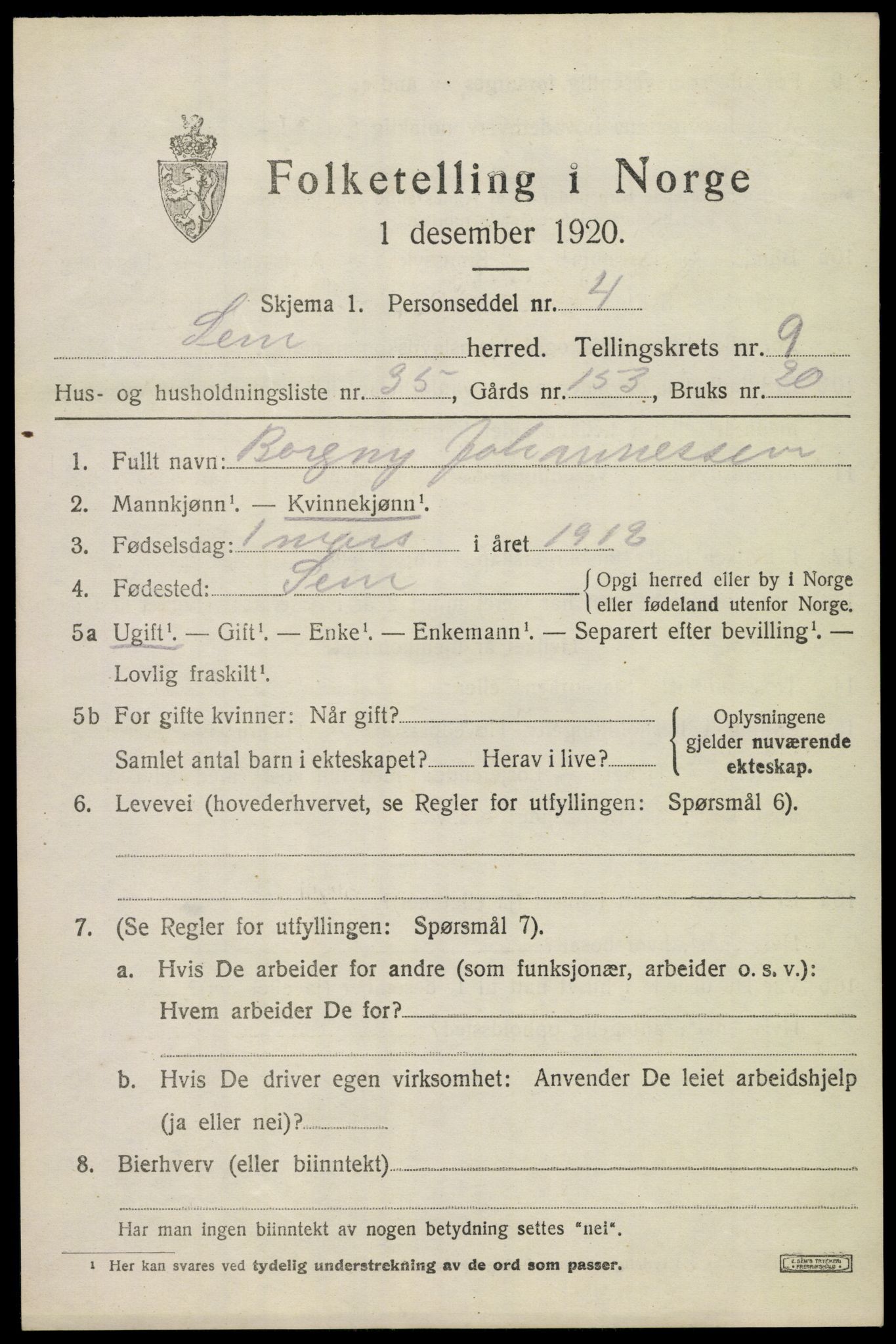 SAKO, 1920 census for Sem, 1920, p. 12947