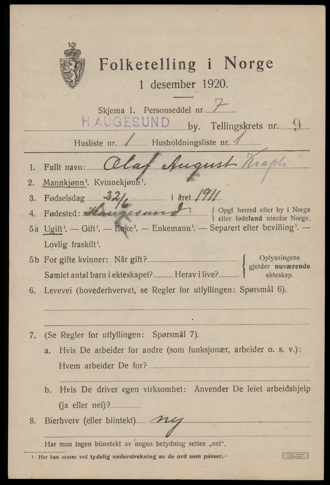 SAST, 1920 census for Haugesund, 1920, p. 32187