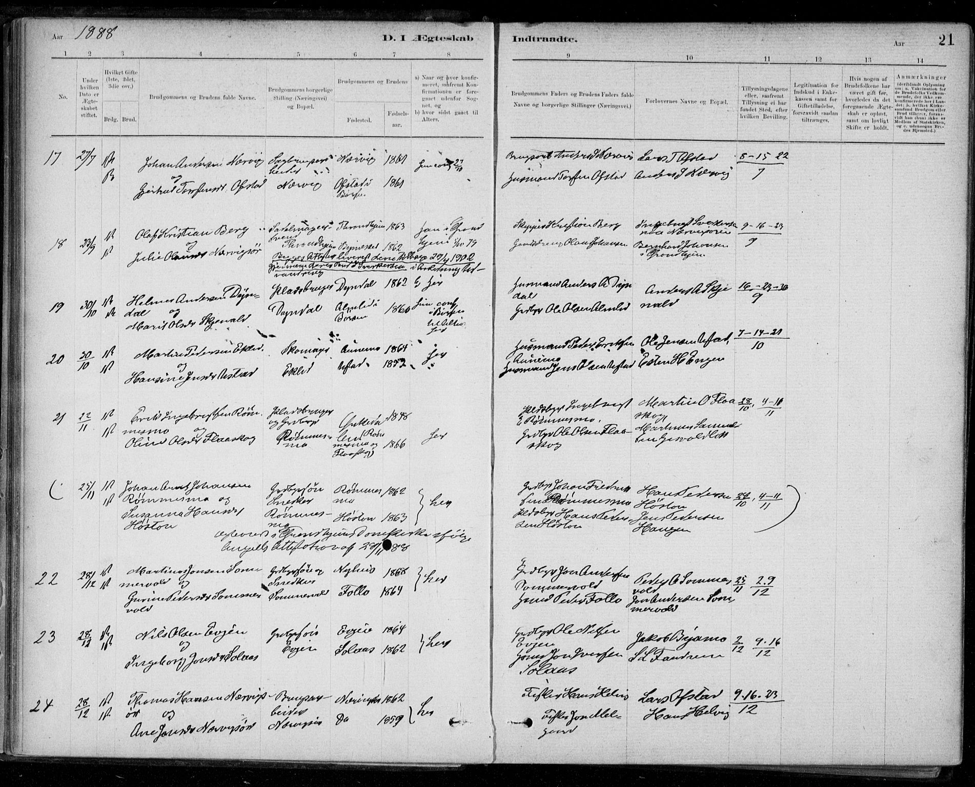 Ministerialprotokoller, klokkerbøker og fødselsregistre - Sør-Trøndelag, SAT/A-1456/668/L0810: Parish register (official) no. 668A10, 1881-1894, p. 21