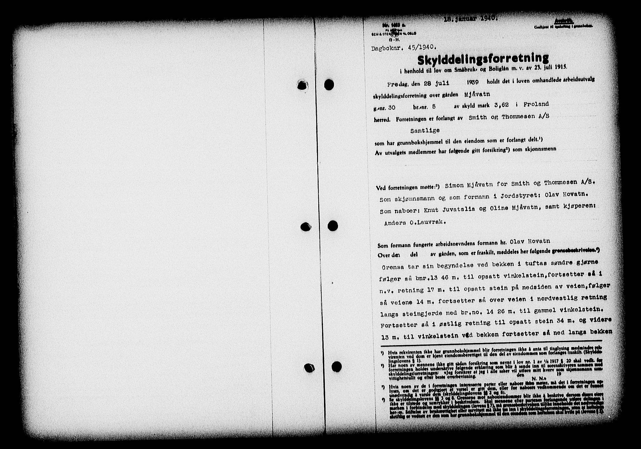 Nedenes sorenskriveri, SAK/1221-0006/G/Gb/Gba/L0047: Mortgage book no. A-I, 1939-1940, Diary no: : 45/1940
