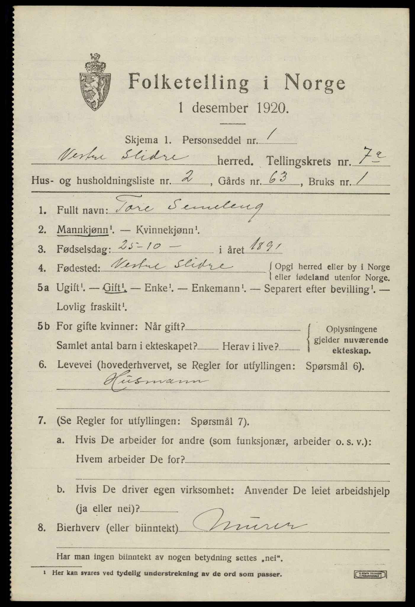 SAH, 1920 census for Vestre Slidre, 1920, p. 3668