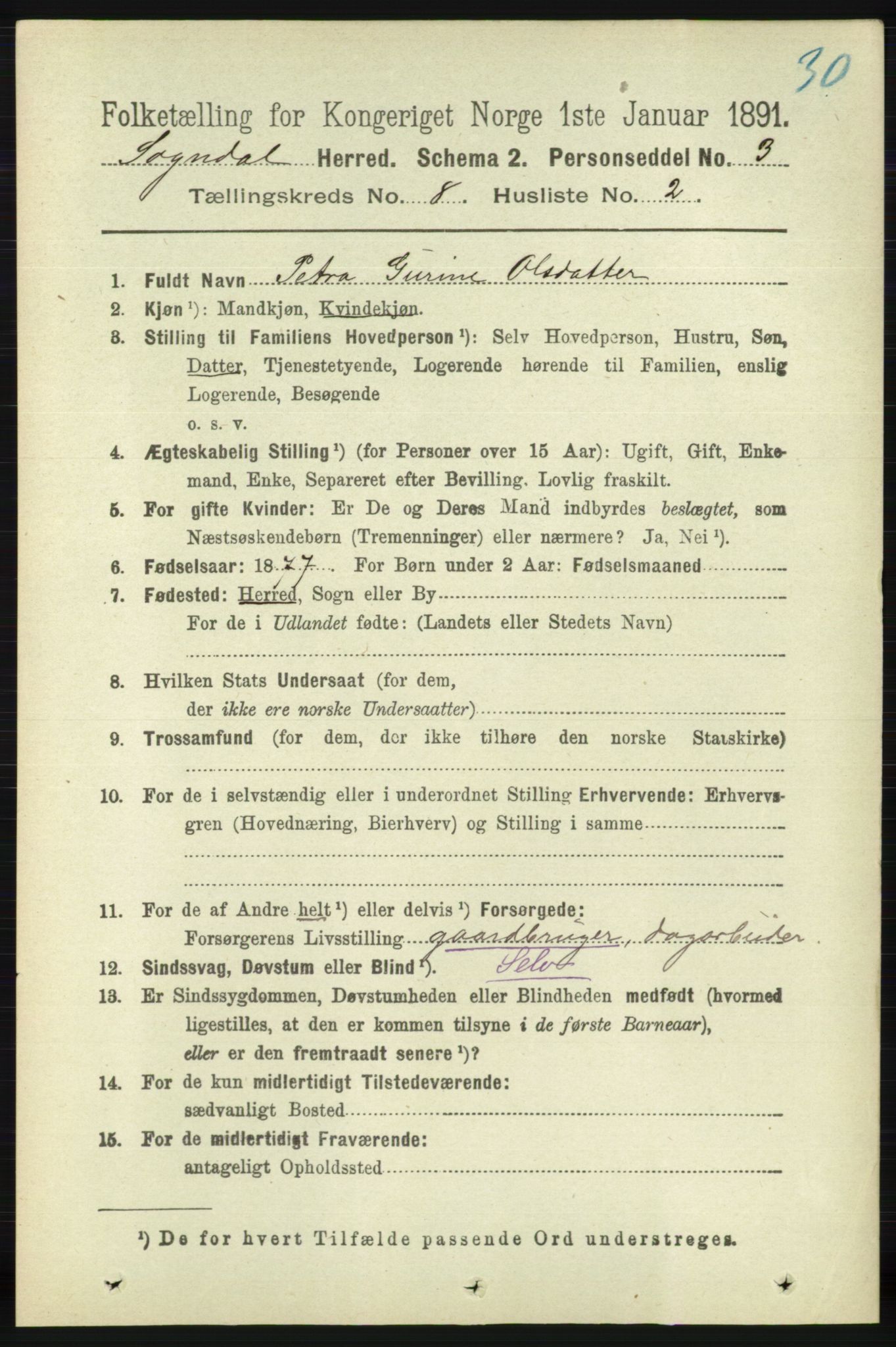 RA, 1891 census for 1111 Sokndal, 1891, p. 2696