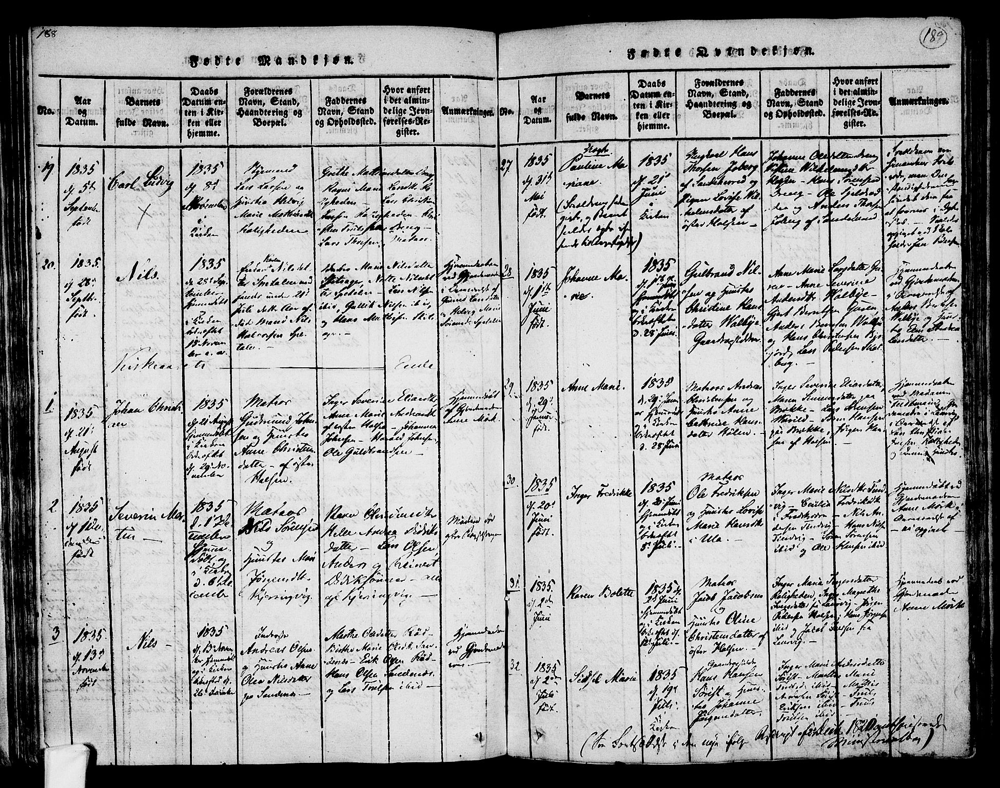 Tjølling kirkebøker, SAKO/A-60/F/Fa/L0005: Parish register (official) no. 5, 1814-1836, p. 188-189