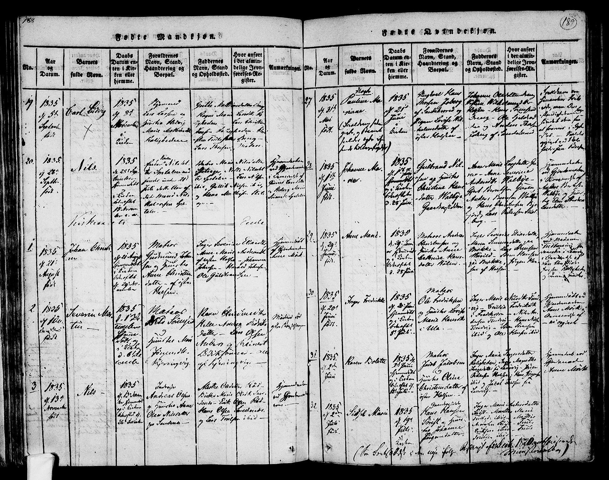 Tjølling kirkebøker, AV/SAKO-A-60/F/Fa/L0005: Parish register (official) no. 5, 1814-1836, p. 188-189