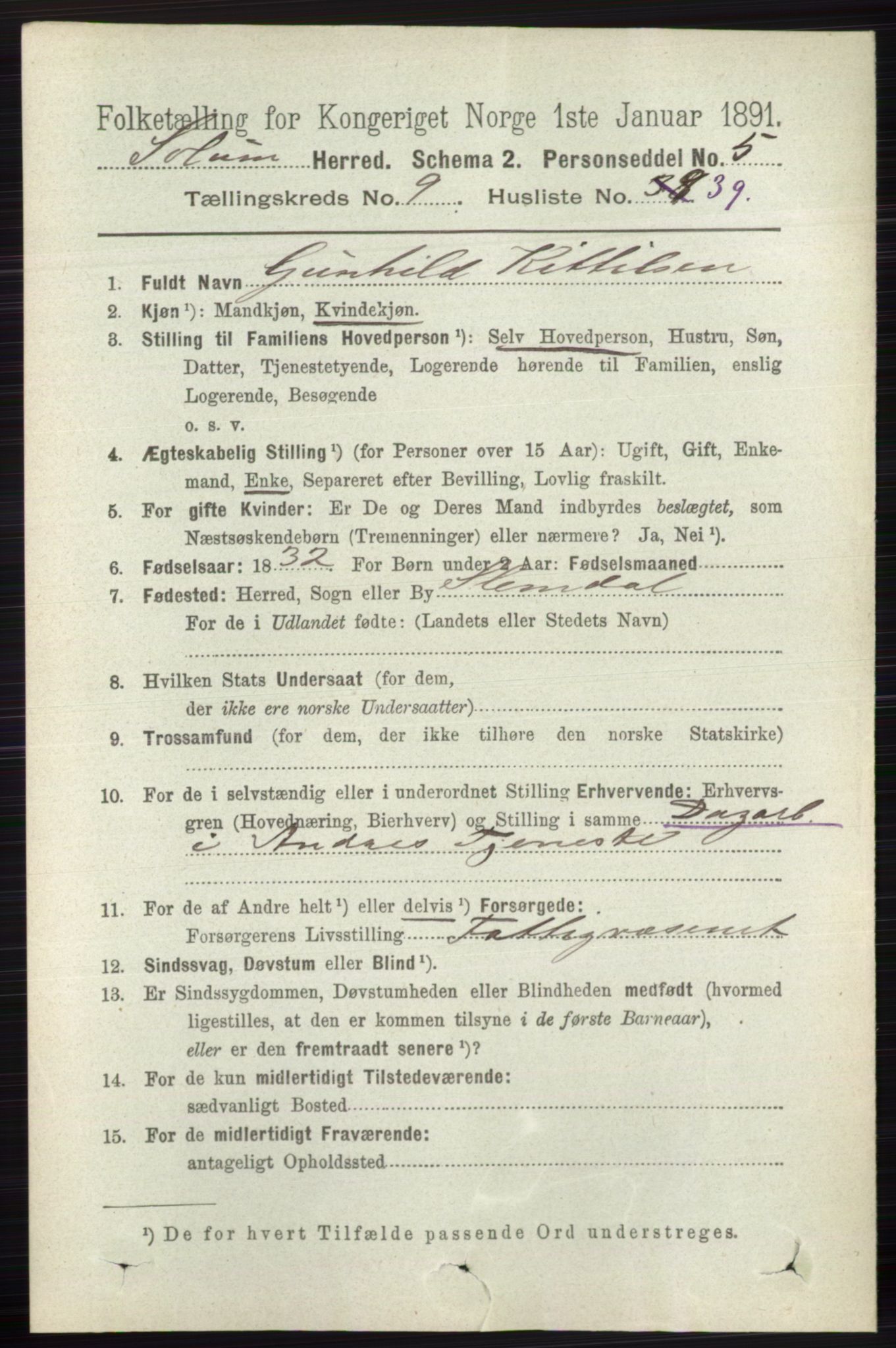 RA, 1891 census for 0818 Solum, 1891, p. 2184