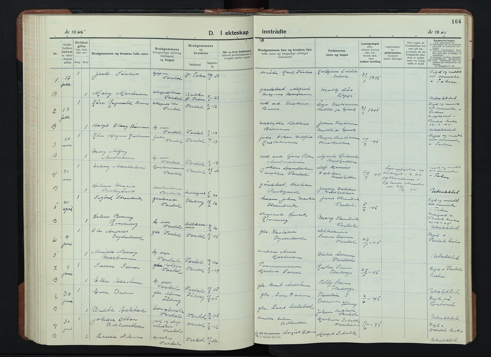 Vardal prestekontor, AV/SAH-PREST-100/H/Ha/Hab/L0018: Parish register (copy) no. 18, 1931-1951, p. 166