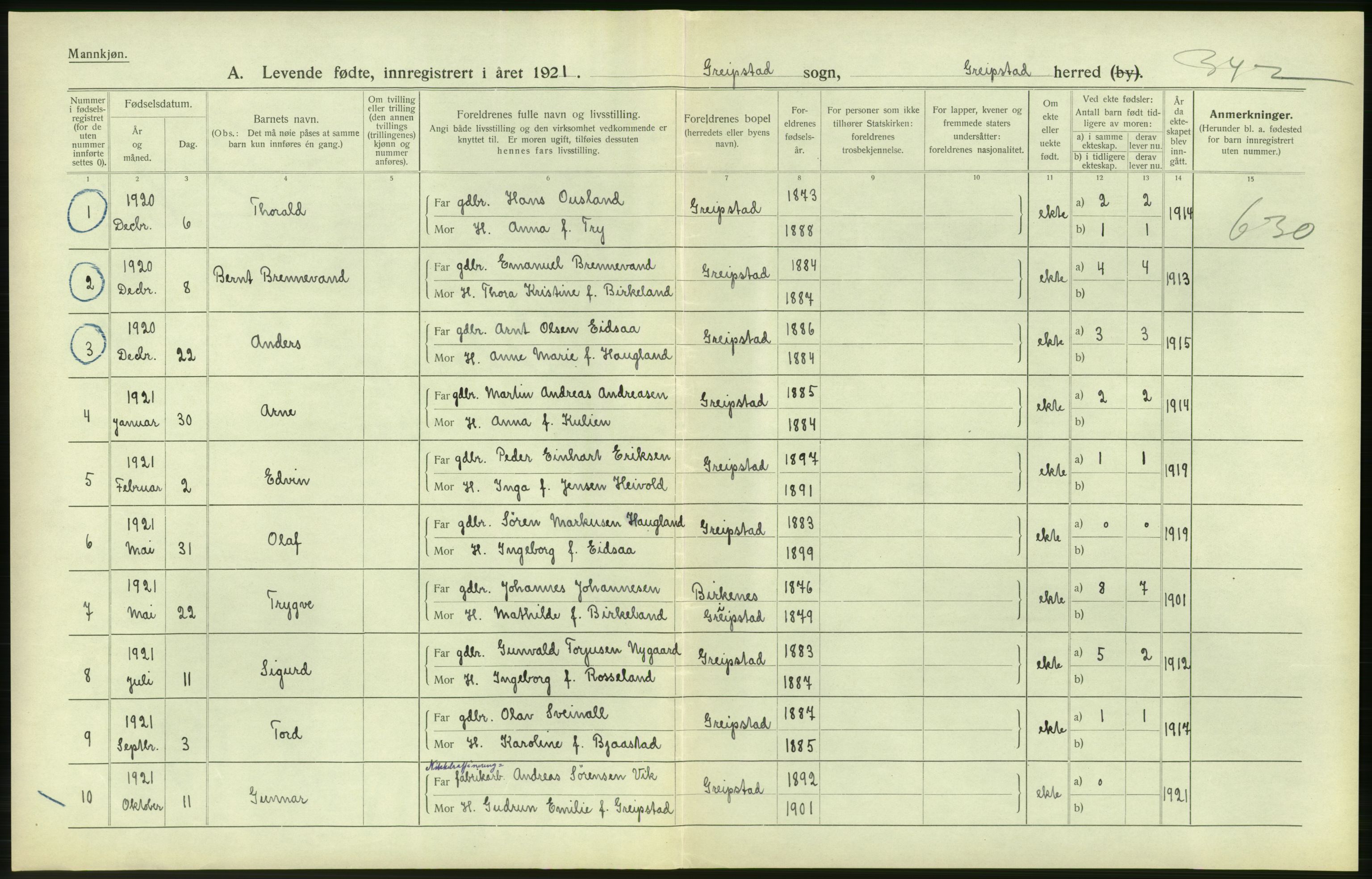 Statistisk sentralbyrå, Sosiodemografiske emner, Befolkning, AV/RA-S-2228/D/Df/Dfc/Dfca/L0026: Vest-Agder fylke: Levendefødte menn og kvinner. Bygder og byer., 1921, p. 50