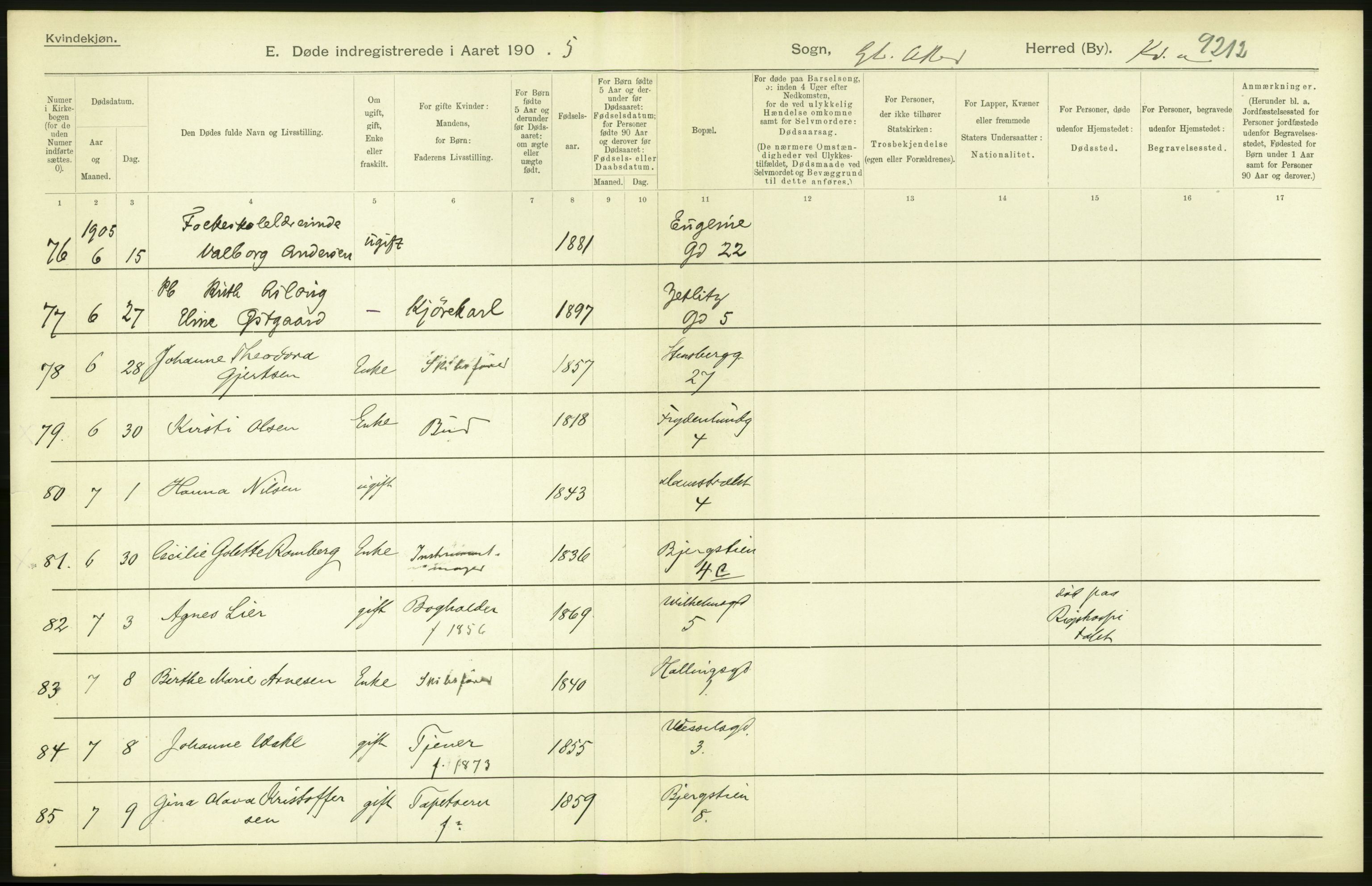 Statistisk sentralbyrå, Sosiodemografiske emner, Befolkning, AV/RA-S-2228/D/Df/Dfa/Dfac/L0007a: Kristiania: Døde, dødfødte., 1905, p. 88