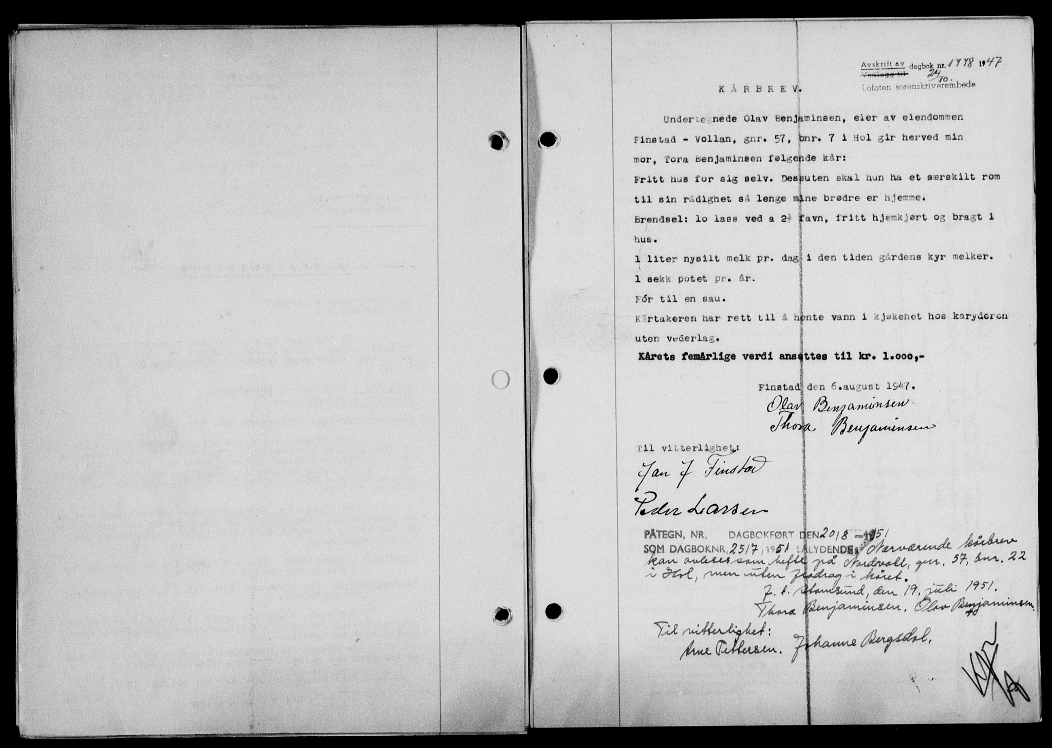 Lofoten sorenskriveri, SAT/A-0017/1/2/2C/L0017a: Mortgage book no. 17a, 1947-1948, Diary no: : 1778/1947