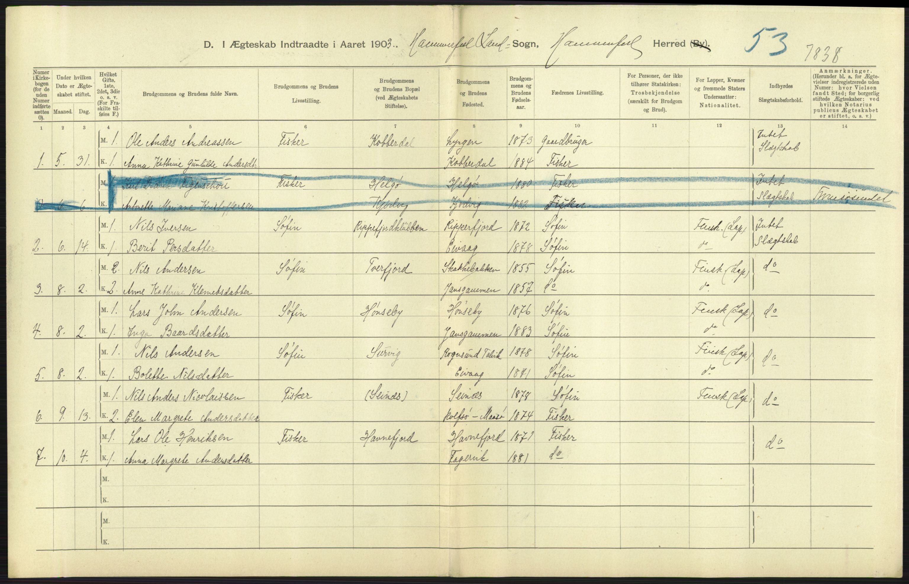 Statistisk sentralbyrå, Sosiodemografiske emner, Befolkning, AV/RA-S-2228/D/Df/Dfa/Dfaa/L0022: Finnmarkens amt: Fødte, gifte, døde., 1903, p. 167