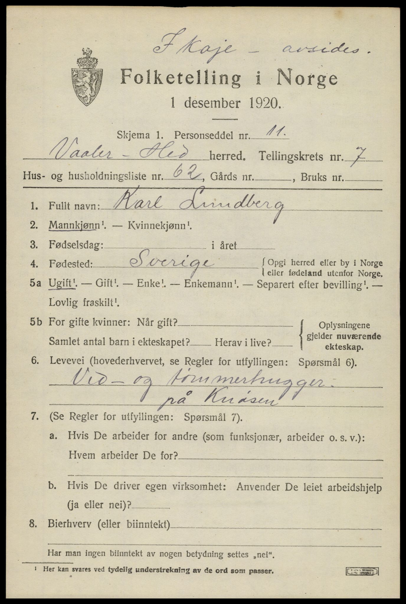 SAH, 1920 census for Våler (Hedmark), 1920, p. 8257