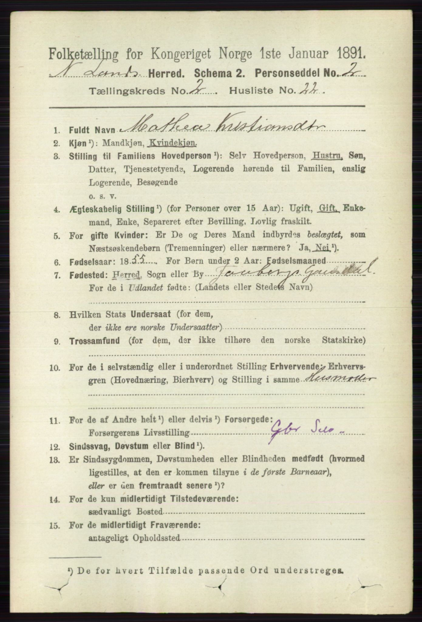 RA, 1891 census for 0538 Nordre Land, 1891, p. 710