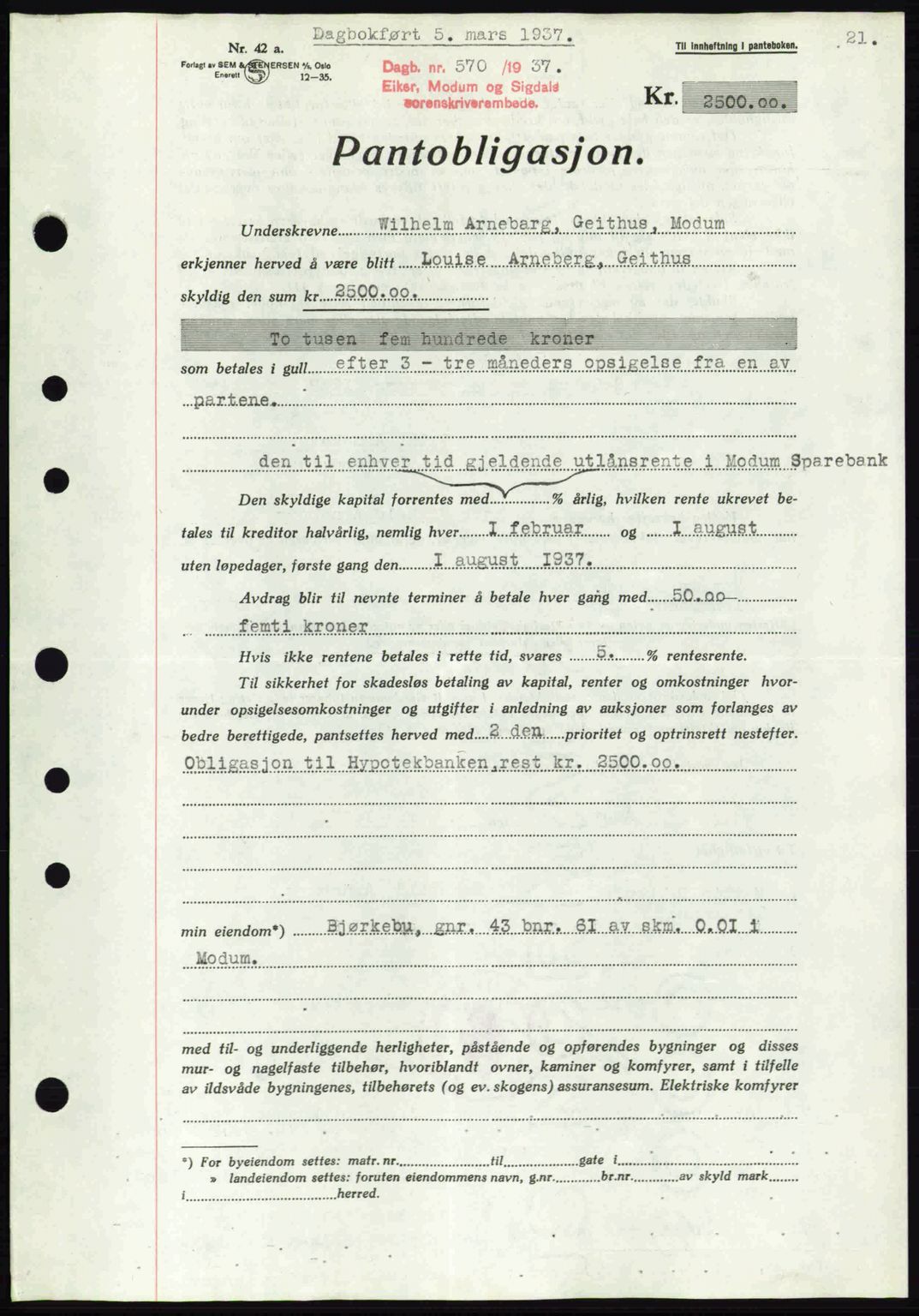 Eiker, Modum og Sigdal sorenskriveri, SAKO/A-123/G/Ga/Gab/L0035: Mortgage book no. A5, 1937-1937, Diary no: : 570/1937