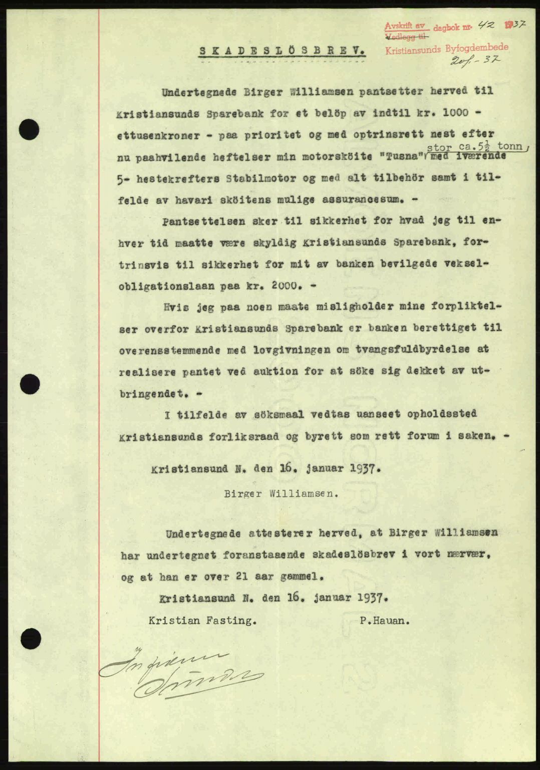 Kristiansund byfogd, AV/SAT-A-4587/A/27: Mortgage book no. 29, 1936-1937, Diary no: : 42/1937