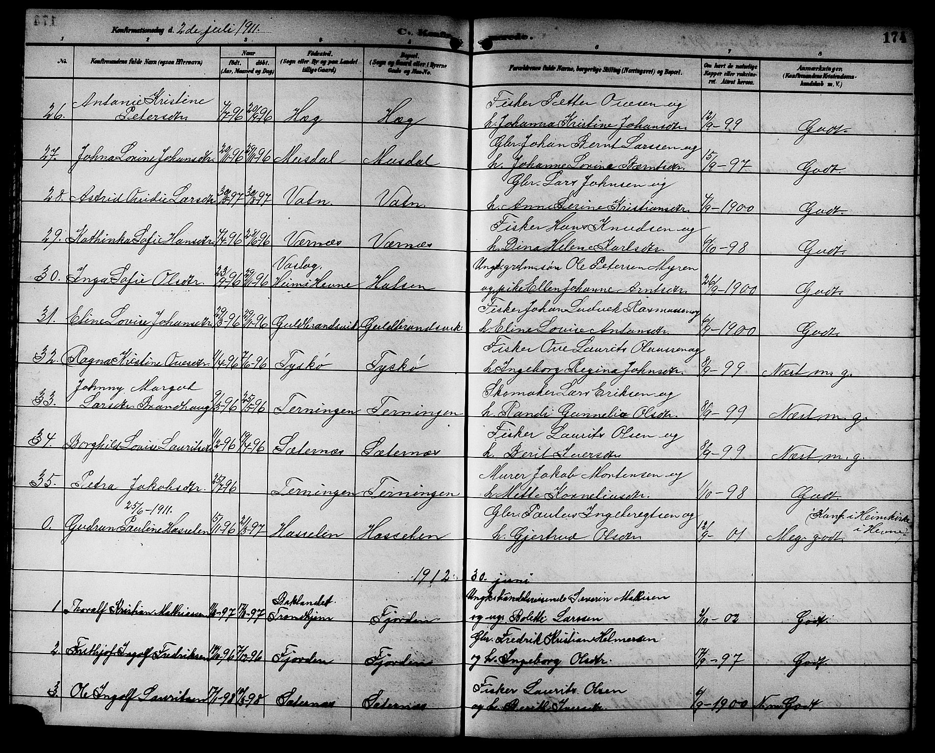 Ministerialprotokoller, klokkerbøker og fødselsregistre - Sør-Trøndelag, SAT/A-1456/662/L0757: Parish register (copy) no. 662C02, 1892-1918, p. 174