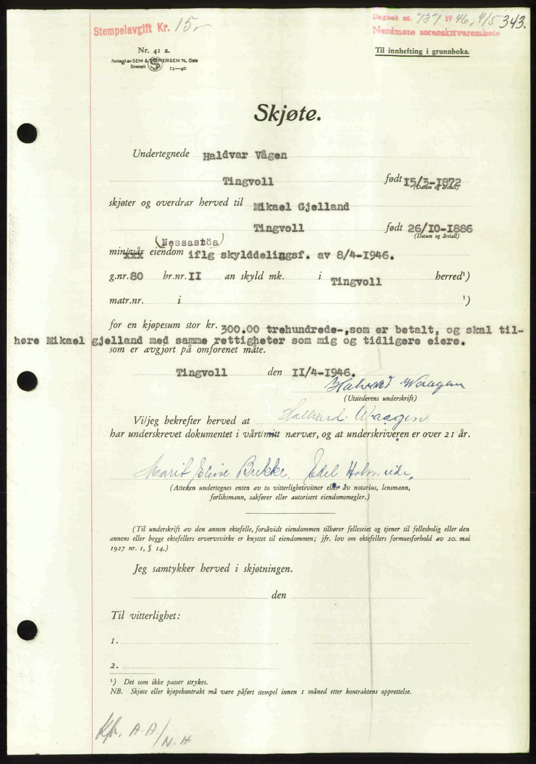 Nordmøre sorenskriveri, AV/SAT-A-4132/1/2/2Ca: Mortgage book no. A101, 1946-1946, Diary no: : 737/1946