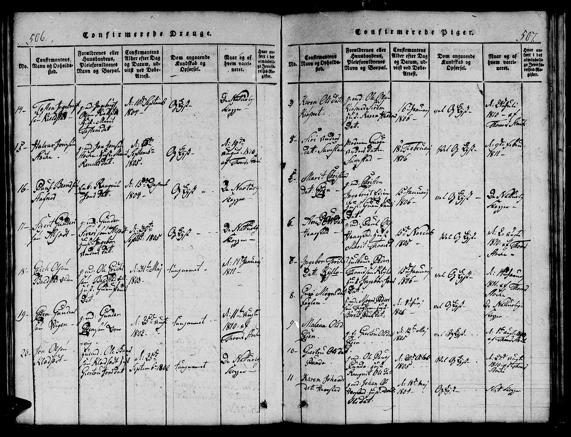 Ministerialprotokoller, klokkerbøker og fødselsregistre - Sør-Trøndelag, SAT/A-1456/695/L1152: Parish register (copy) no. 695C03, 1816-1831, p. 506-507