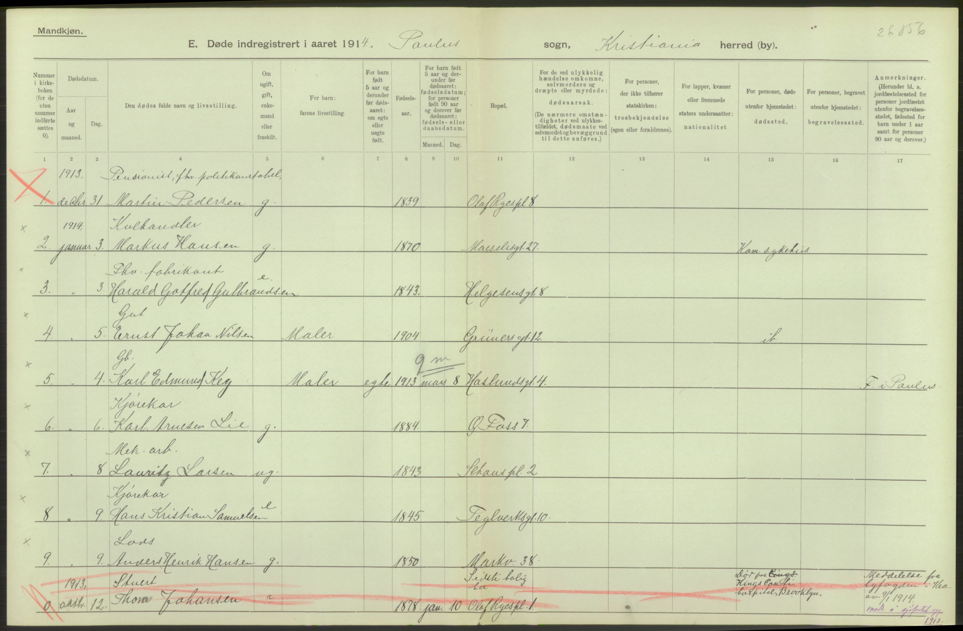 Statistisk sentralbyrå, Sosiodemografiske emner, Befolkning, AV/RA-S-2228/D/Df/Dfb/Dfbd/L0008: Kristiania: Døde, 1914, p. 280