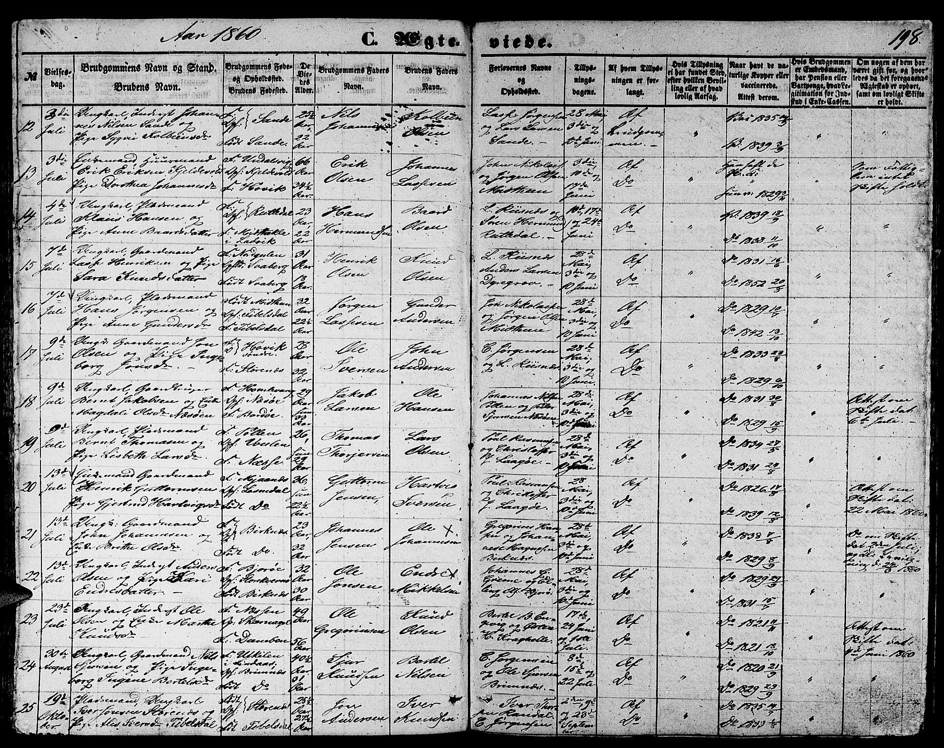 Gulen sokneprestembete, SAB/A-80201/H/Hab/Habb/L0001: Parish register (copy) no. B 1, 1854-1866, p. 198