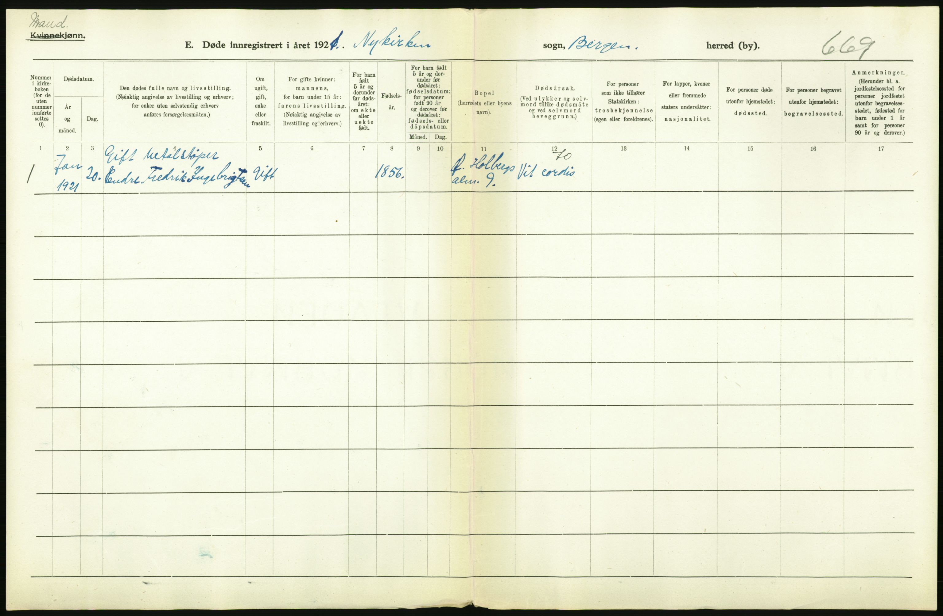 Statistisk sentralbyrå, Sosiodemografiske emner, Befolkning, AV/RA-S-2228/D/Df/Dfc/Dfca/L0036: Bergen: Døde., 1921, p. 60