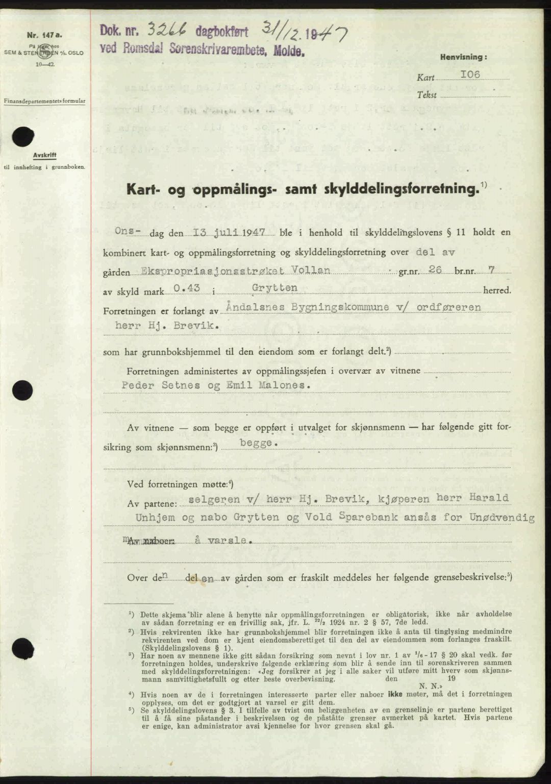 Romsdal sorenskriveri, SAT/A-4149/1/2/2C: Mortgage book no. A24, 1947-1947, Diary no: : 3266/1947