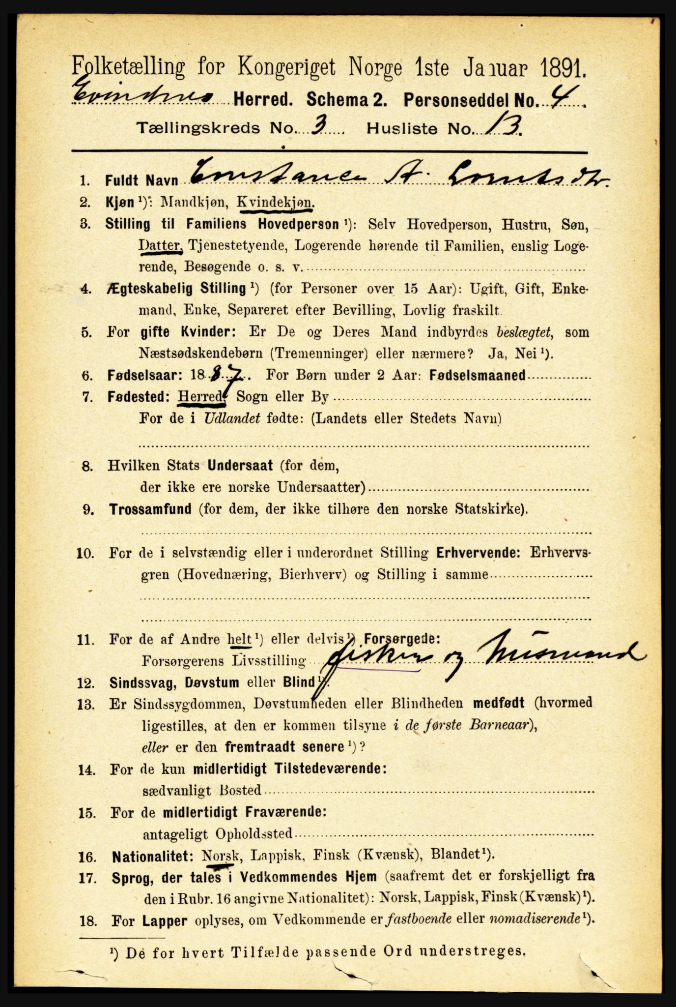 RA, 1891 census for 1853 Evenes, 1891, p. 847