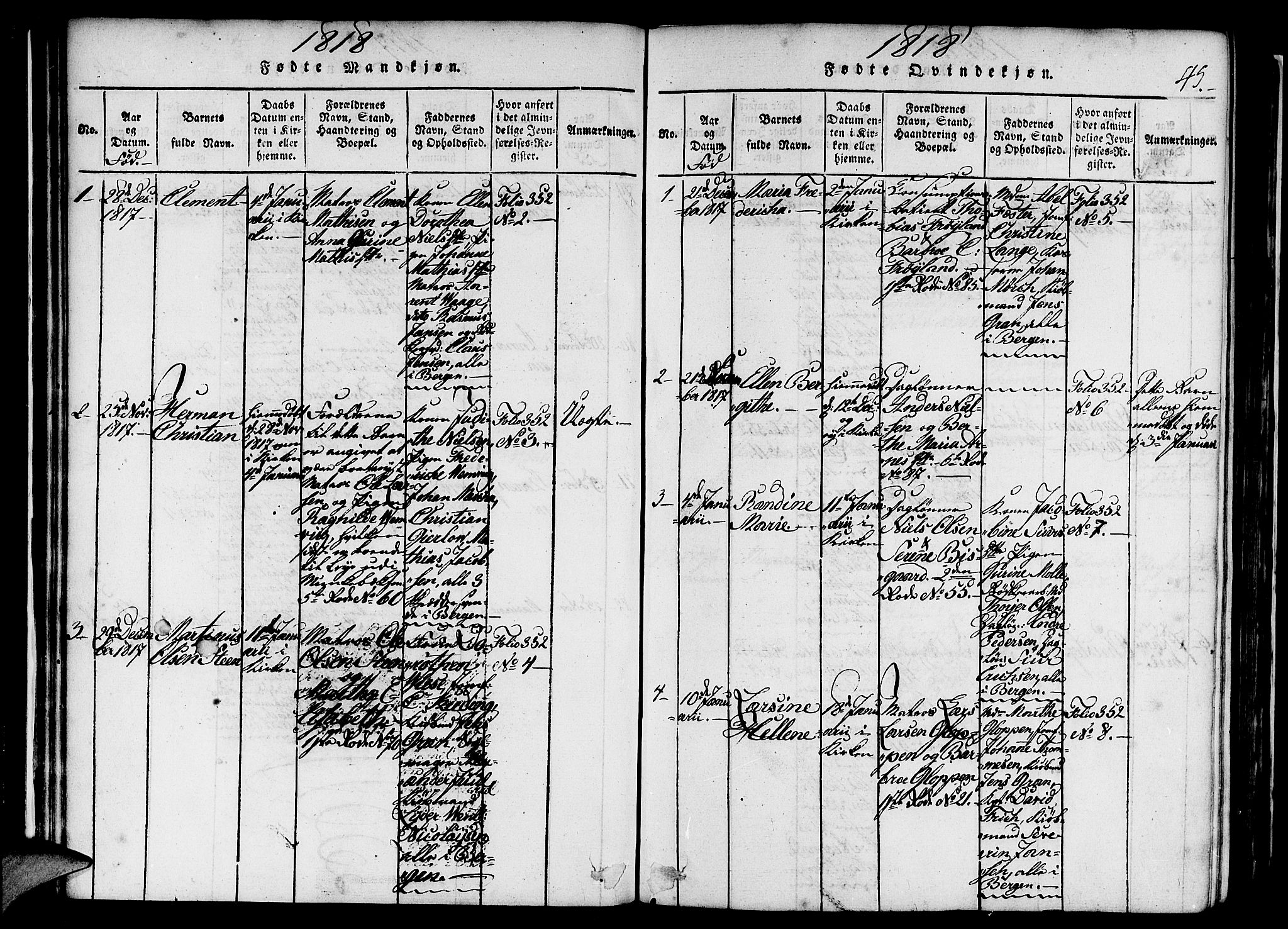 Nykirken Sokneprestembete, AV/SAB-A-77101/H/Haa/L0011: Parish register (official) no. A 11, 1816-1821, p. 45