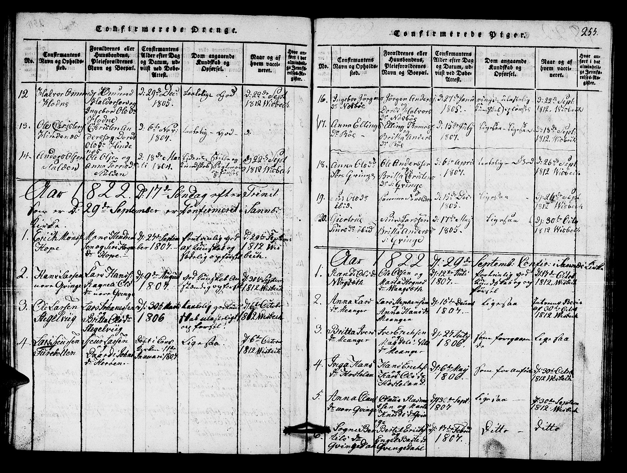 Lindås Sokneprestembete, SAB/A-76701/H/Hab: Parish register (copy) no. A 1, 1816-1823, p. 255