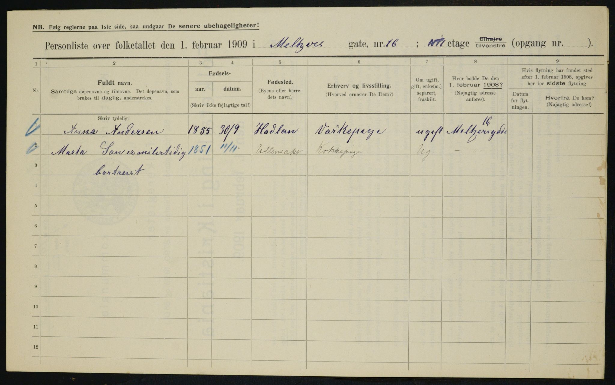 OBA, Municipal Census 1909 for Kristiania, 1909, p. 59215