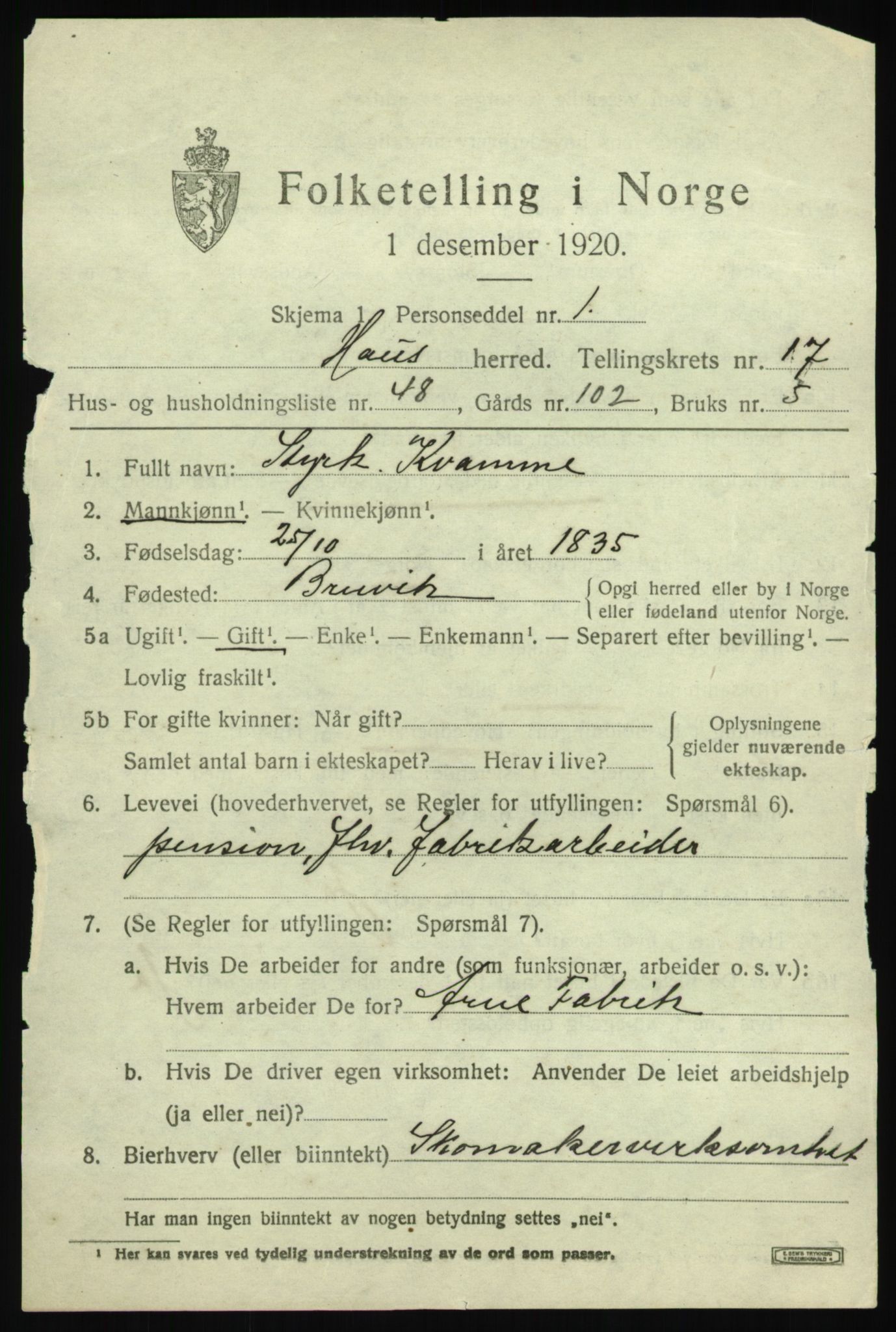 SAB, 1920 census for Haus, 1920, p. 11836